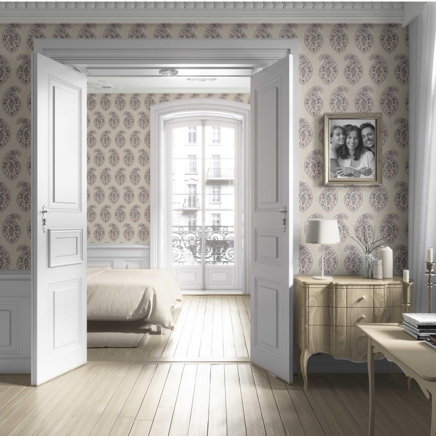 Paisley Floral Print Living Room Wallpaper (Red/ Blue/ Beige)