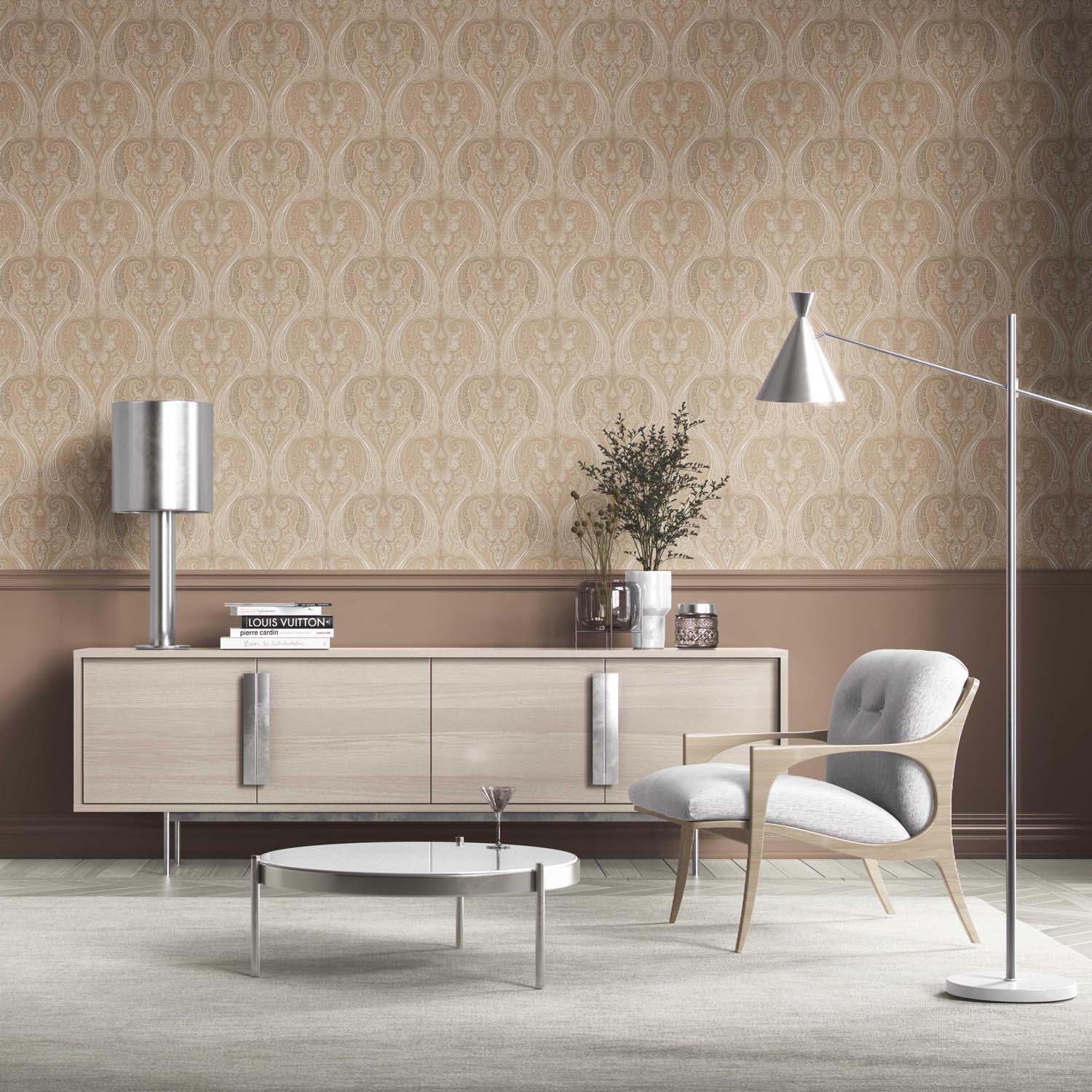 Neutral Paisley Floral/ Damask Patterned Kitchen Wallpaper (Brown/ Beige/ Taupe)