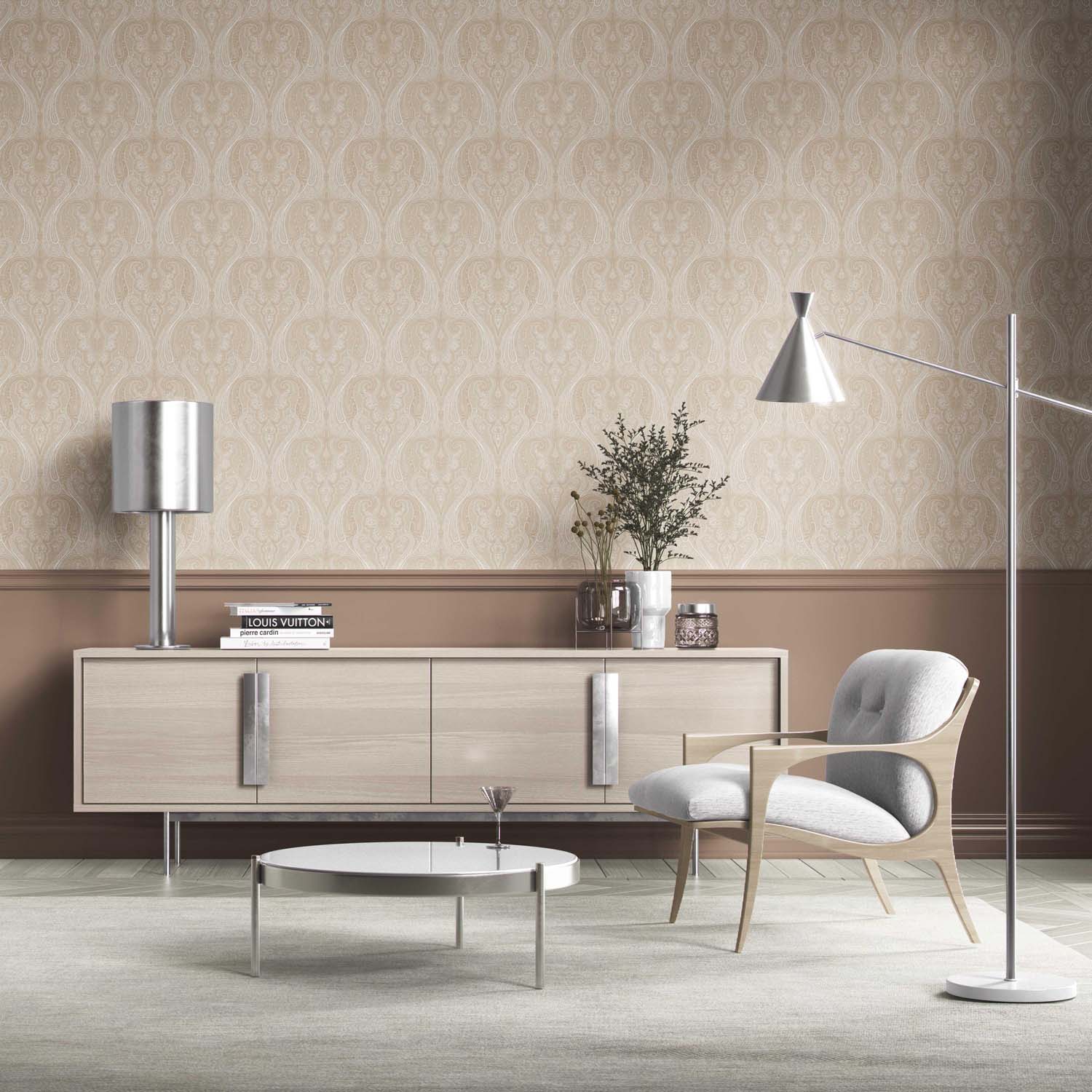 Neutral Paisley Floral/ Damask Patterned Kitchen Wallpaper (Beige/ Soft Taupe)