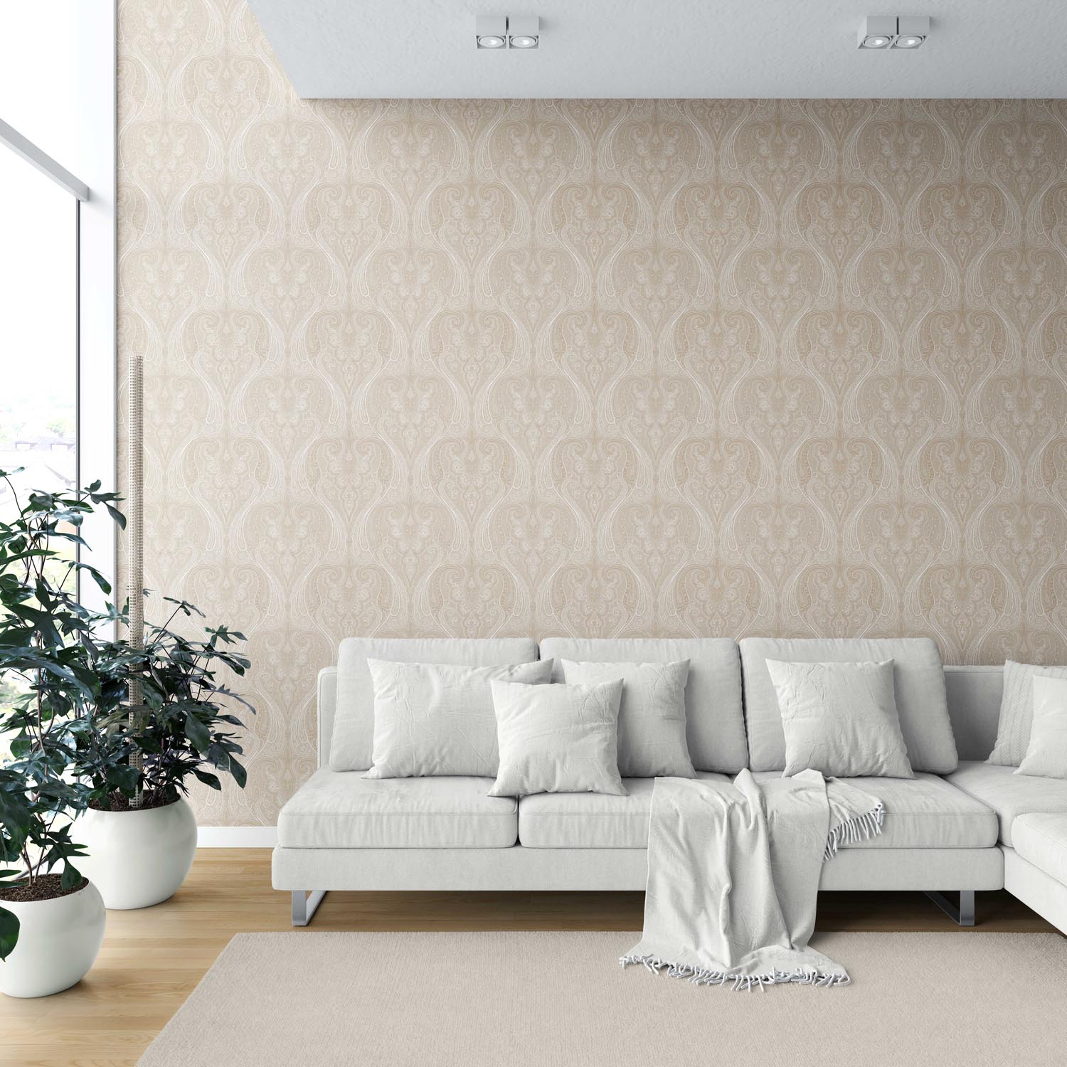 Neutral Paisley Floral/ Damask Patterned Shower Toilet Wallpaper (Beige/ Soft Taupe)