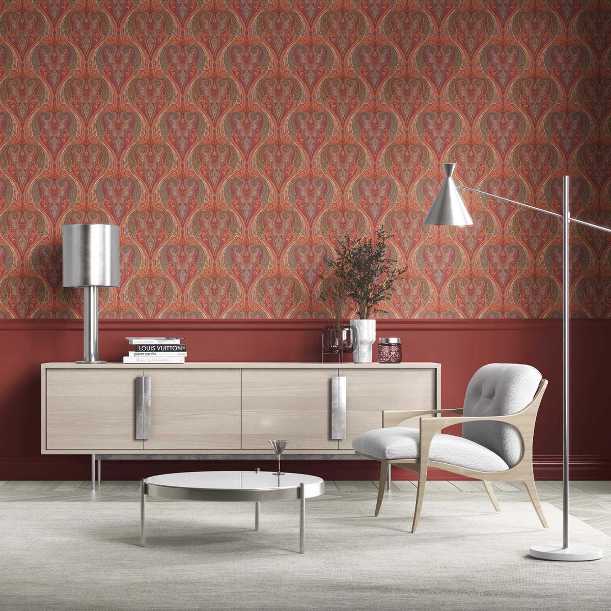 Paisley Floral/ Damask Patterned Kitchen Wallpaper (Red/ Orange/ Green/ Yellow)