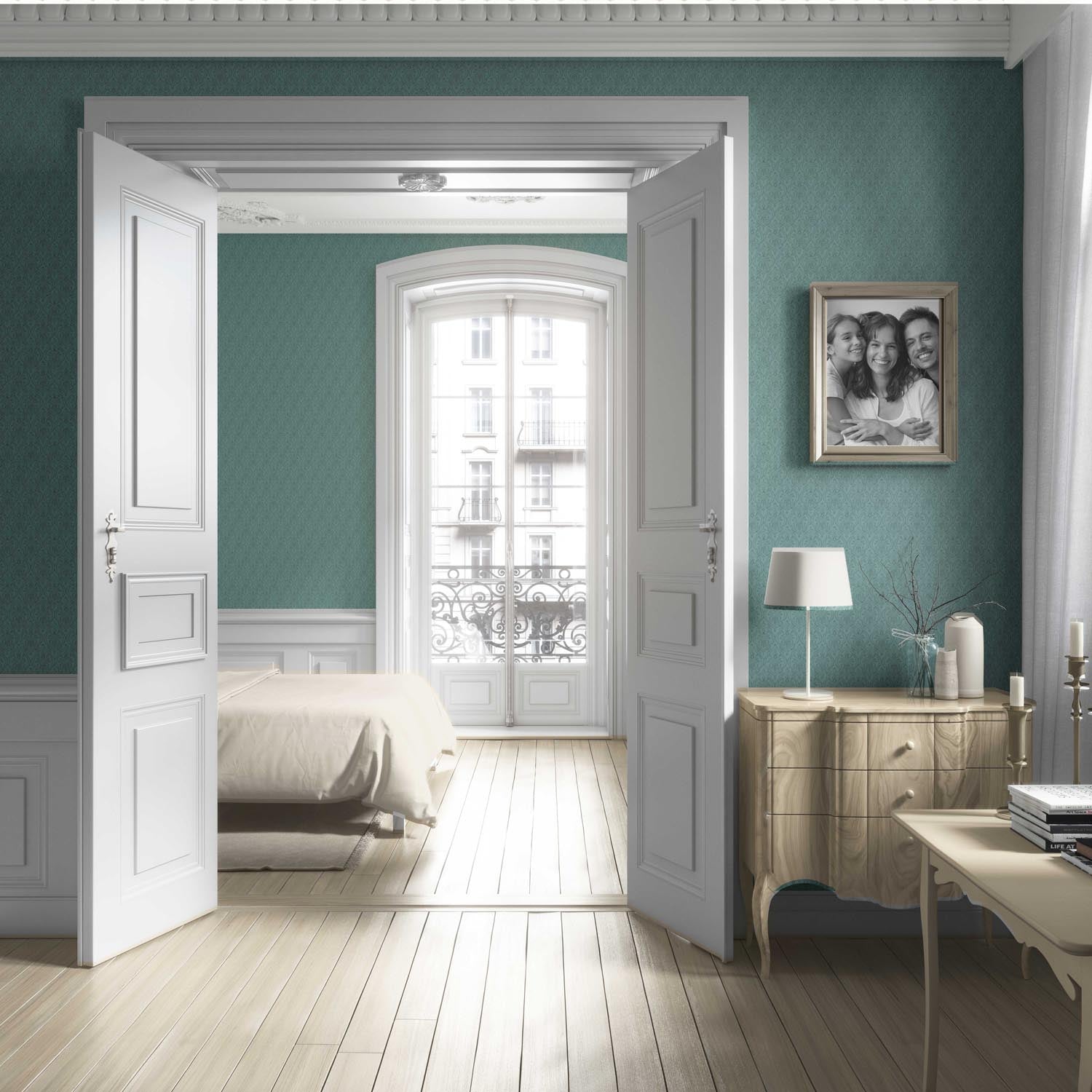 Self-Patterned Damask Floral Living Room Wallpaper (Teal Green)
