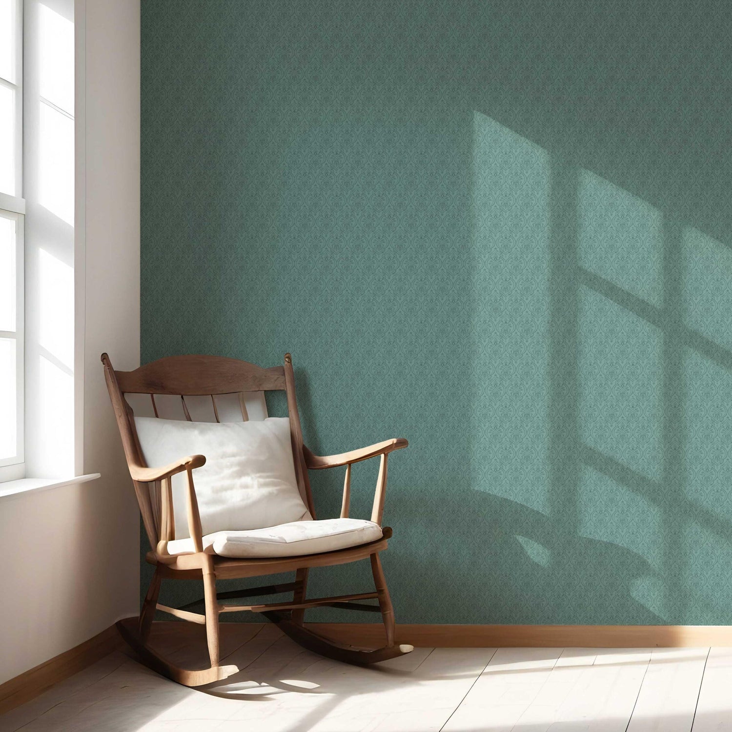 Self-Patterned Damask Floral Nursery Wallpaper (Teal Green)