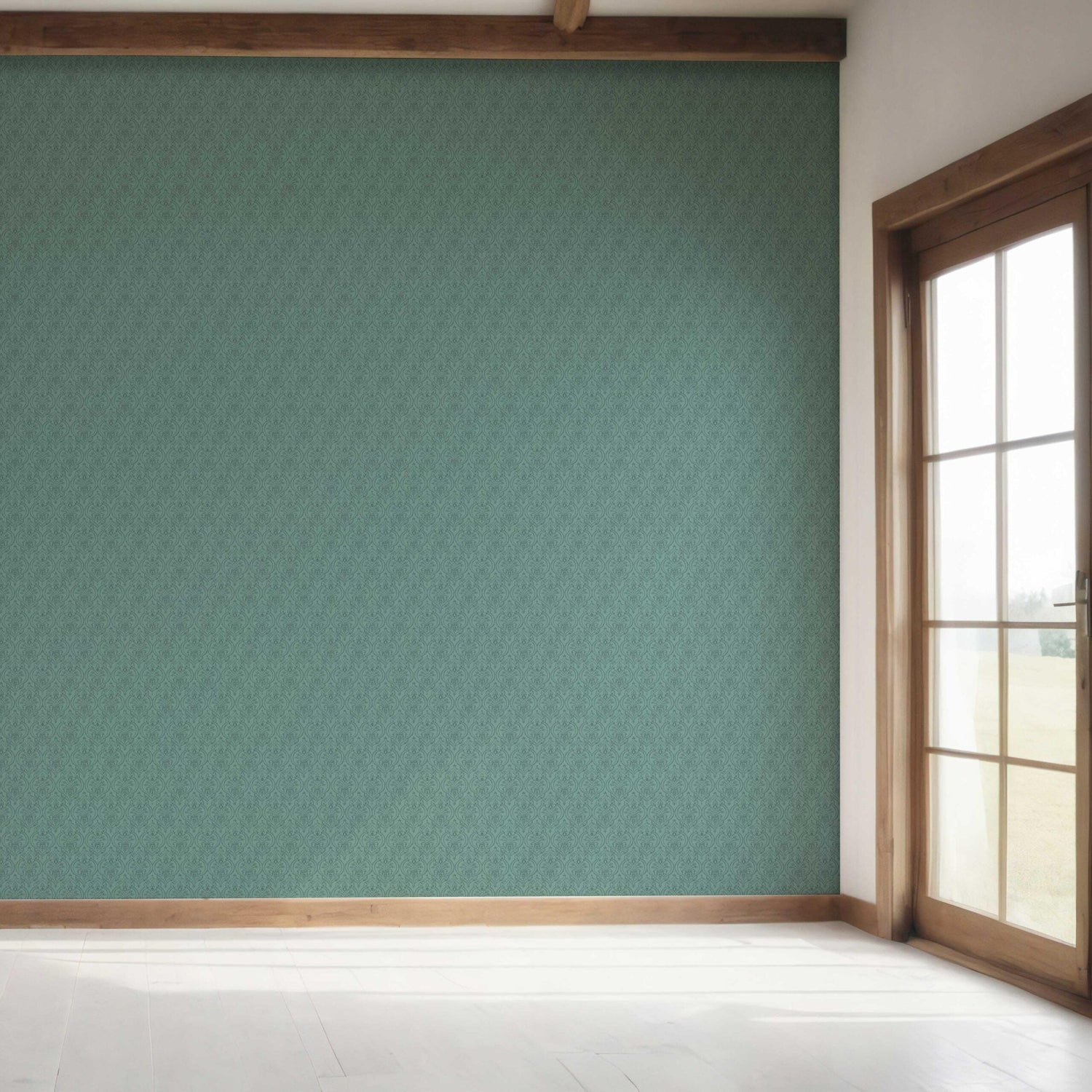 Self-Patterned Damask Floral Bedroom Wallpaper (Teal Green)