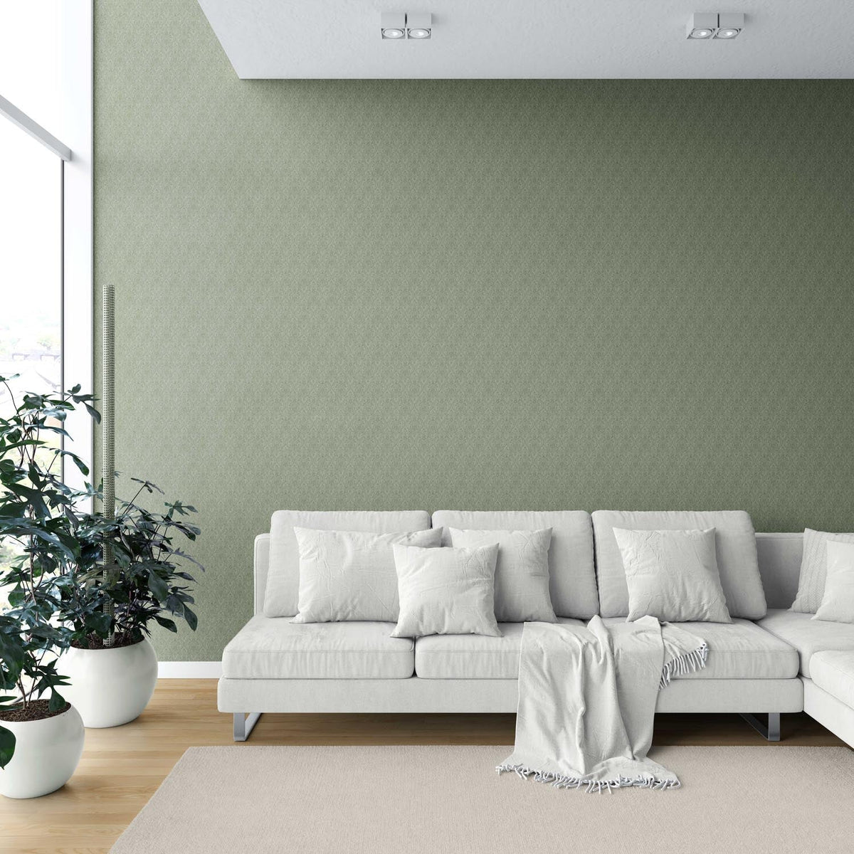 Self-Patterned Damask Floral Shower Toilet Wallpaper (Olive Green)