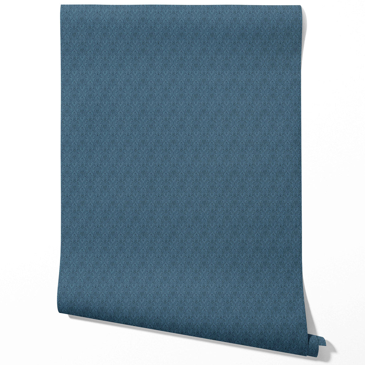 Self-Patterned Damask Floral Bathroom Wallpaper (Prussian Blue)