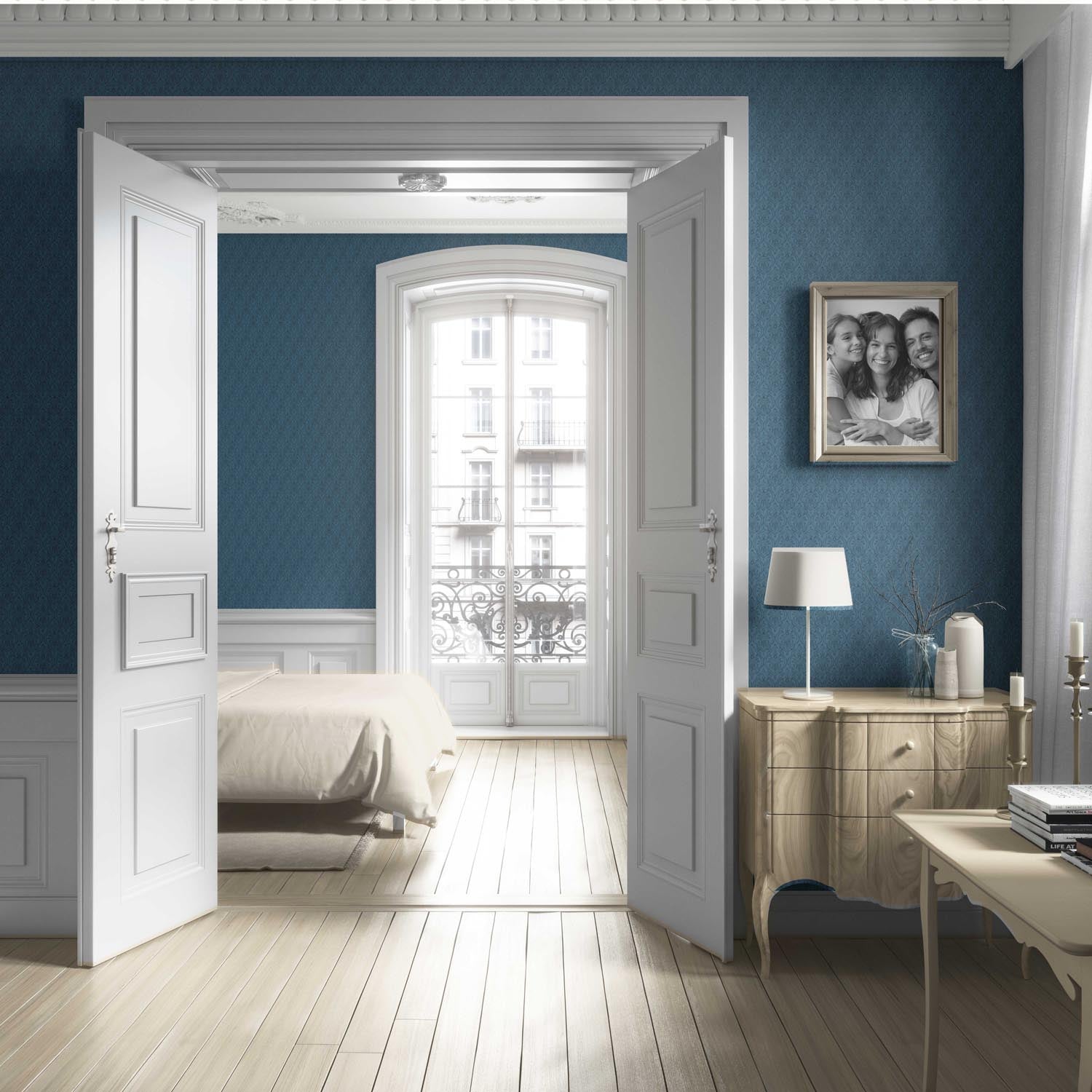 Self-Patterned Damask Floral Living Room Wallpaper (Prussian Blue)