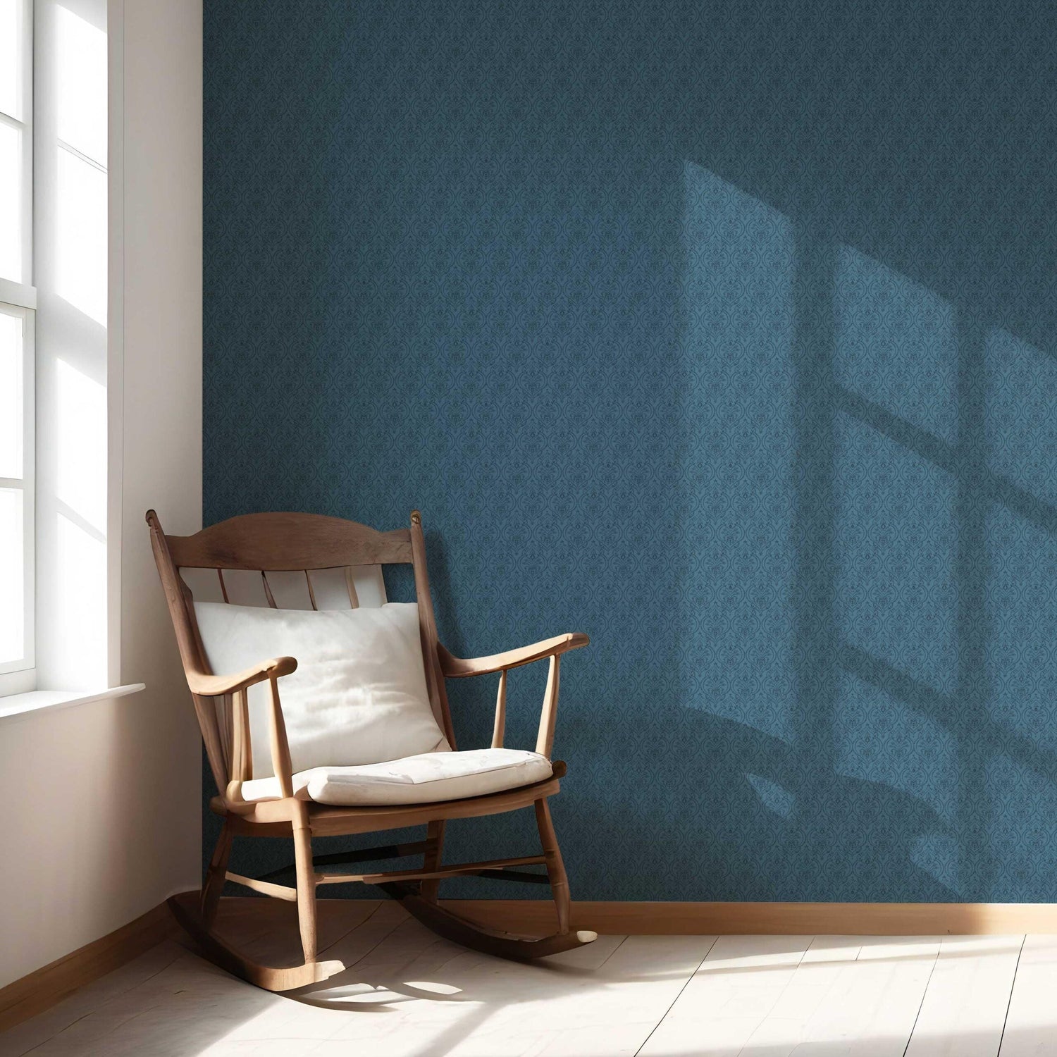 Self-Patterned Damask Floral Nursery Wallpaper (Prussian Blue)