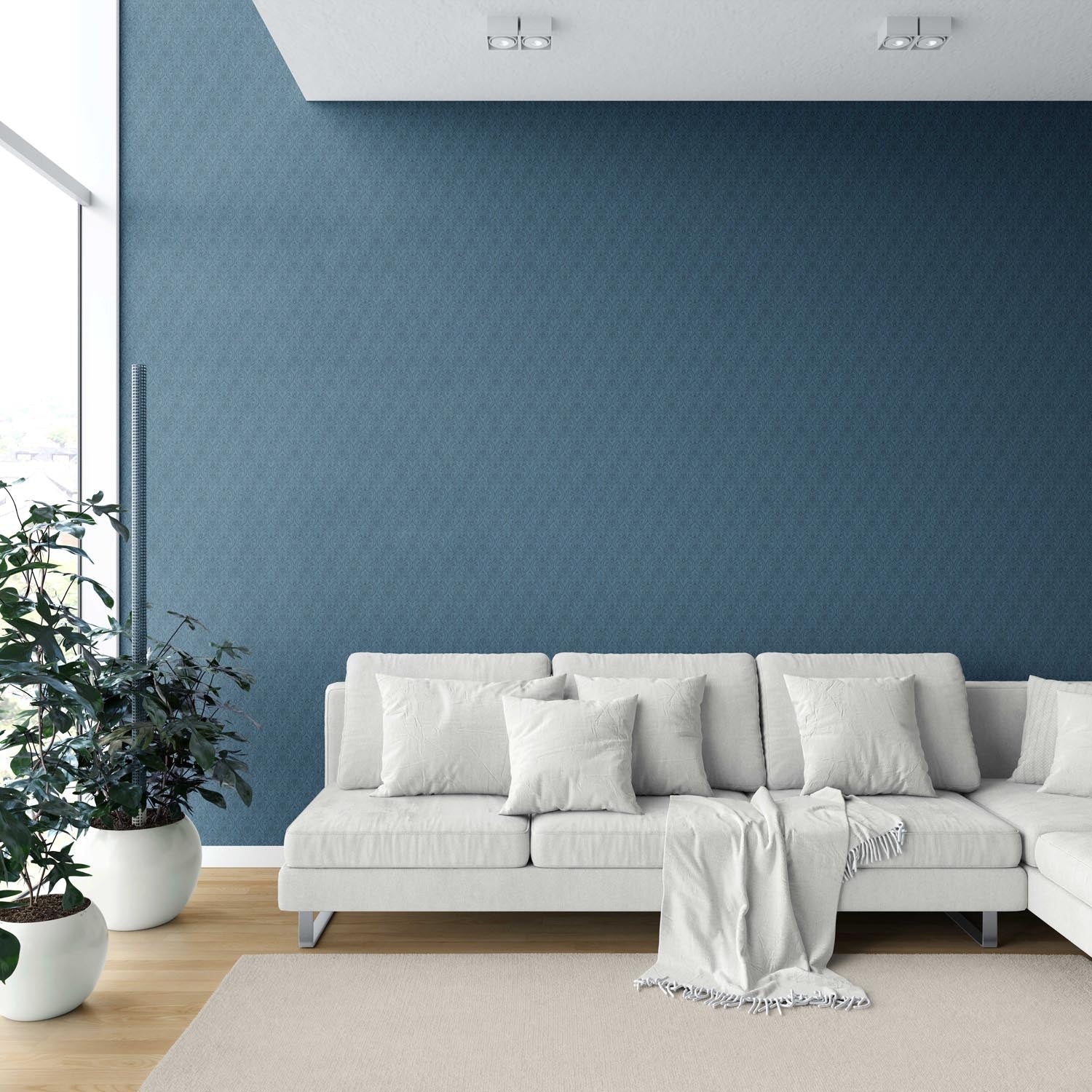 Self-Patterned Damask Floral Shower Toilet Wallpaper (Prussian Blue)