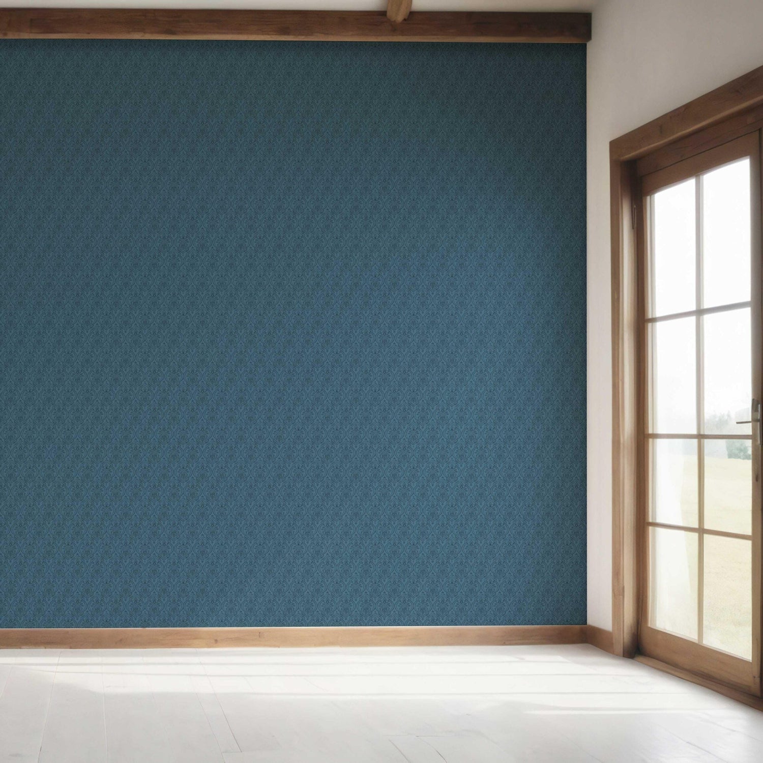 Self-Patterned Damask Floral Bedroom Wallpaper (Prussian Blue)