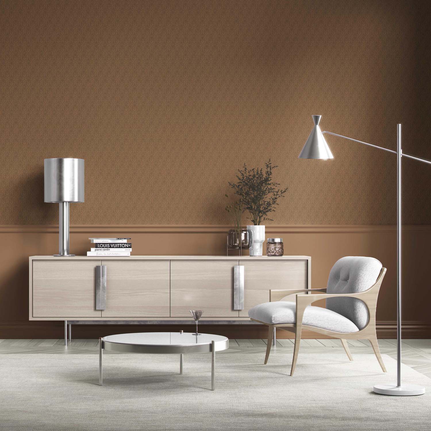 Neutral Self-Patterned Damask Floral Kitchen Wallpaper (Brown/ Deep Bronze)