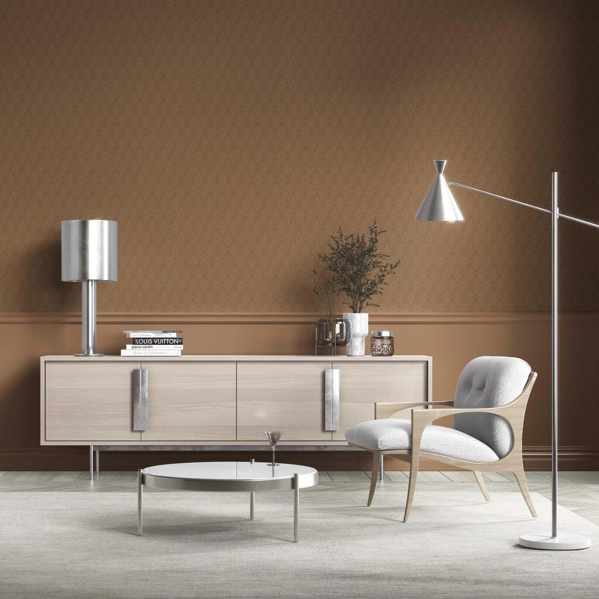 Neutral Self-Patterned Damask Floral Kitchen Wallpaper (Brown/ Deep Bronze)