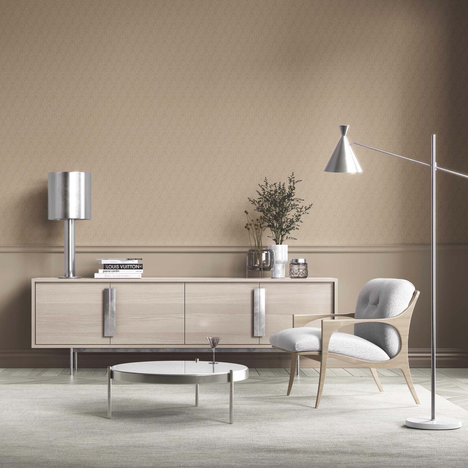 Neutral Self-Patterned Damask Floral Kitchen Wallpaper (Beige/ Tan/ Taupe)