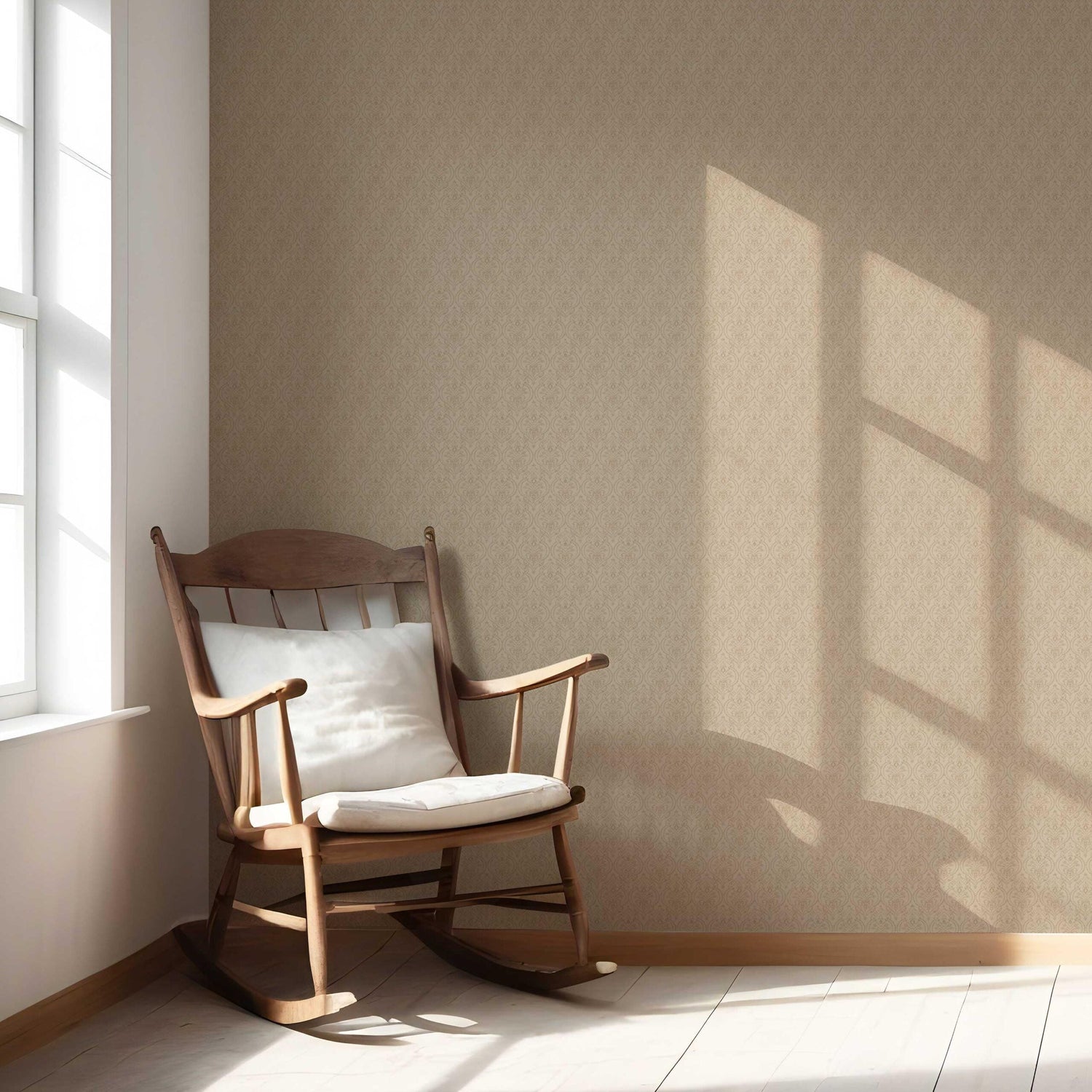 Neutral Self-Patterned Damask Floral Nursery Wallpaper (Beige/ Tan/ Taupe)
