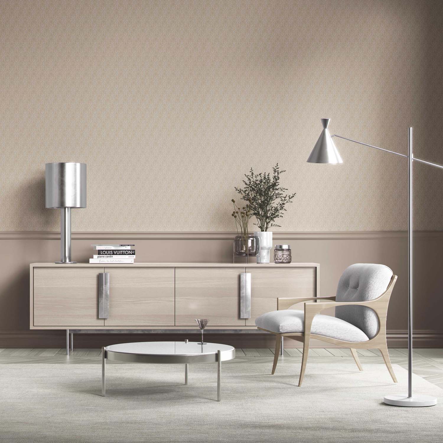 Neutral Self-Patterned Damask Floral Kitchen Wallpaper (Beige/ Greige/ Soft Taupe)