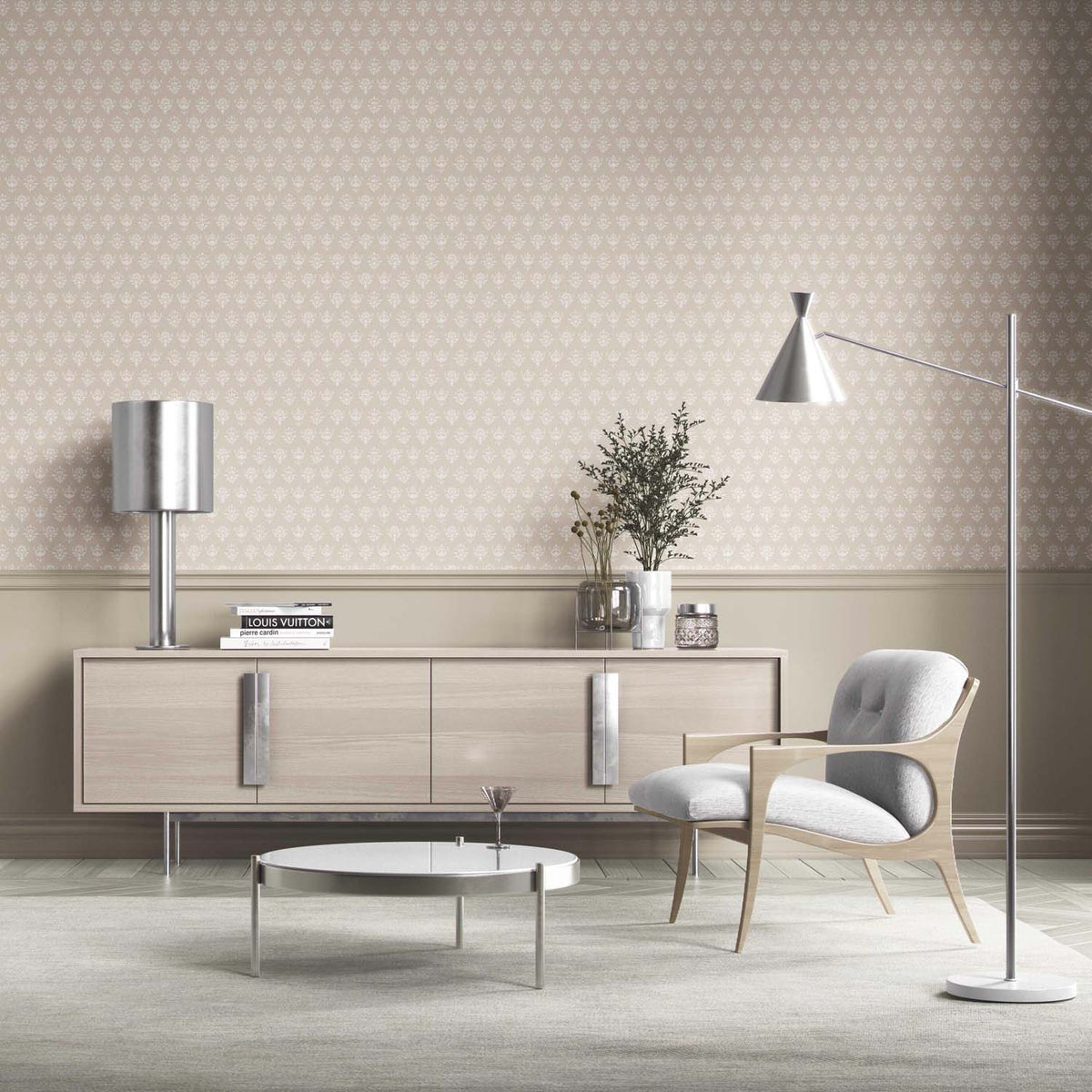 Neutral Floral Block Print Bathroom Wallpaper (Beige/ Taupe/ Off-White)