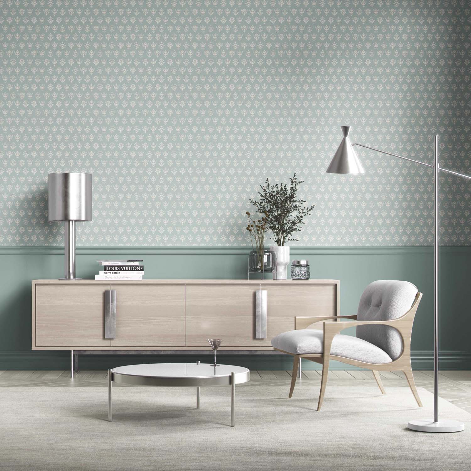 Floral Block Print Bathroom Wallpaper (Duck Egg Blue/ Off-White)