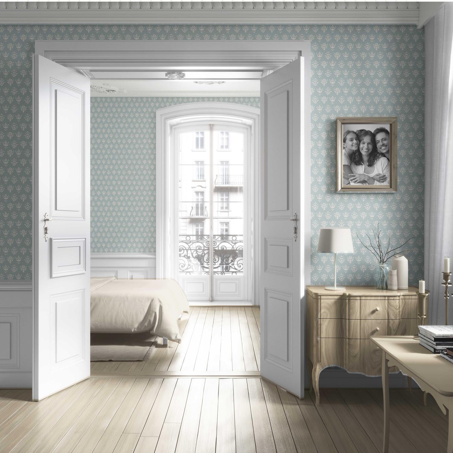 Floral Block Print Living Room Wallpaper (Duck Egg Blue/ Off-White)