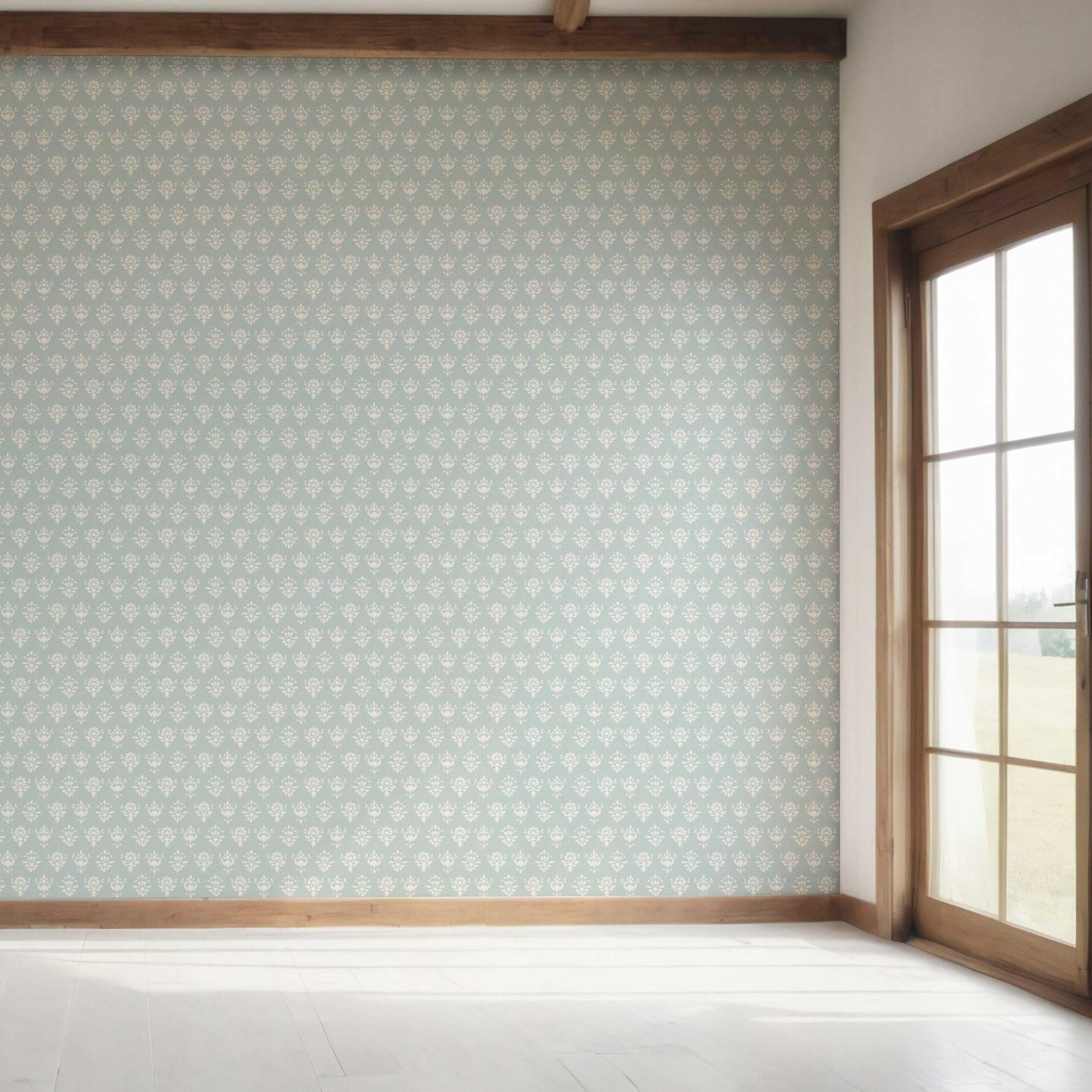 Floral Block Print Bedroom Wallpaper (Duck Egg Blue/ Off-White)