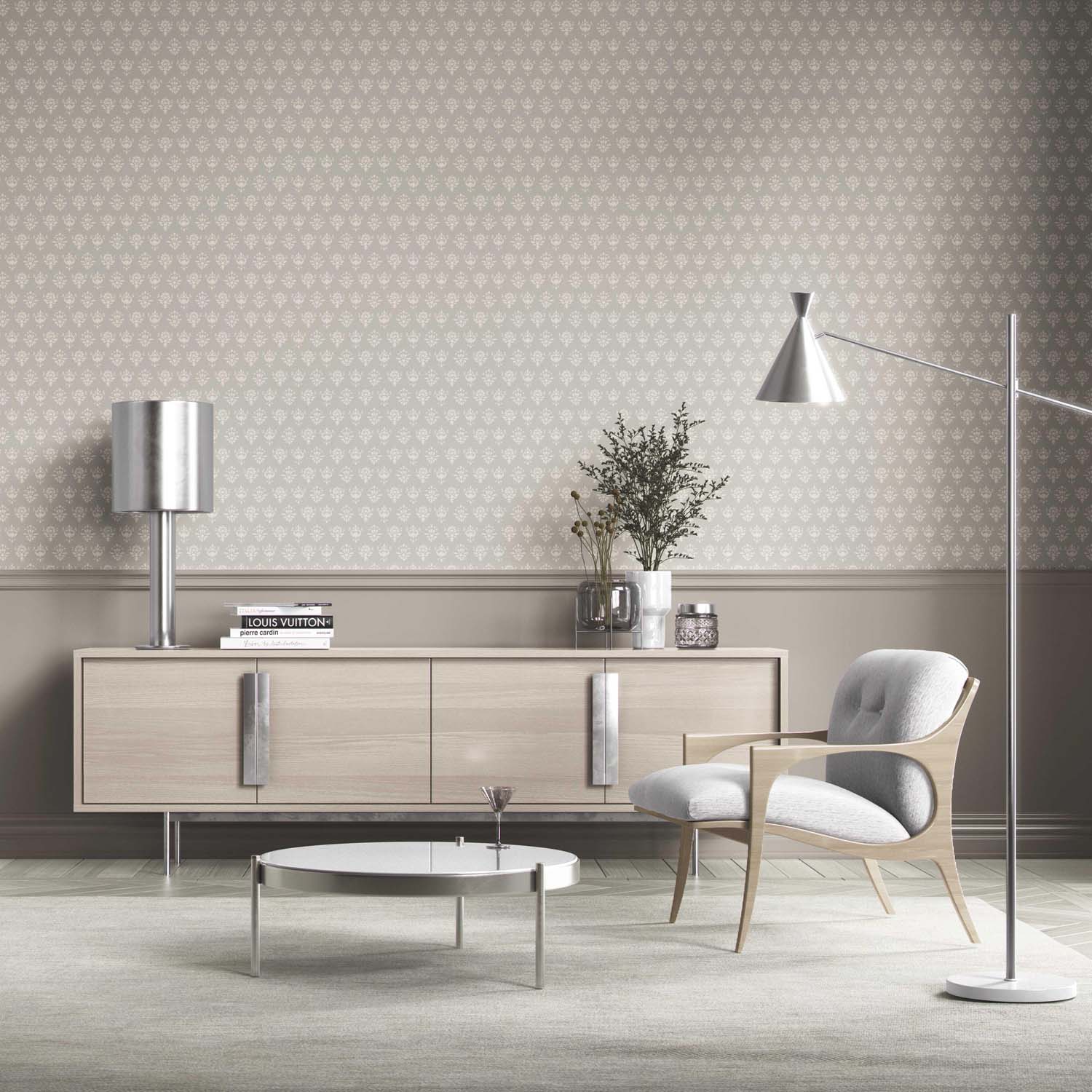 Neutral Floral Block Print Bathroom Wallpaper (Warm Gray/ Beige/ Taupe/ Off-White)