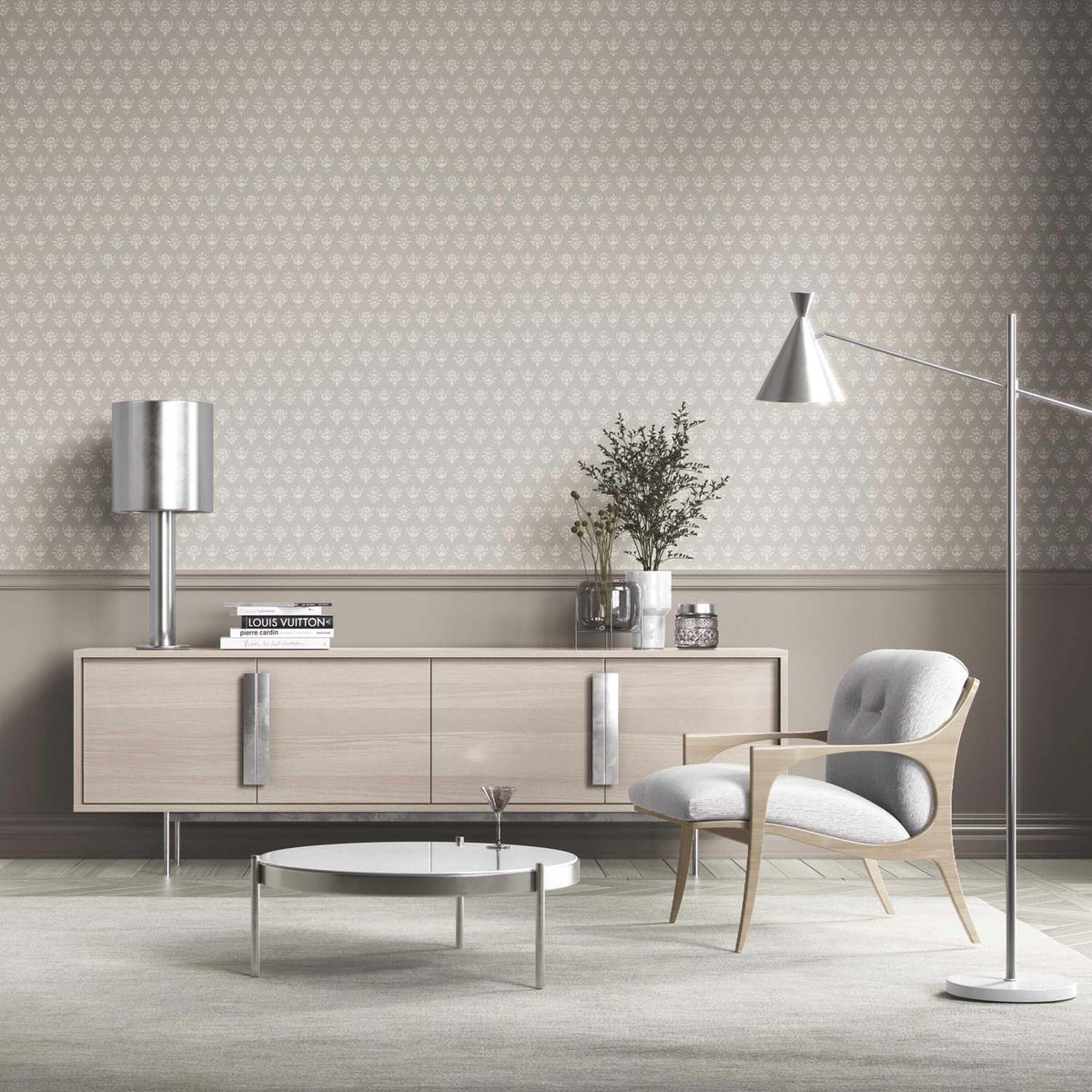 Neutral Floral Block Print Bathroom Wallpaper (Warm Gray/ Beige/ Taupe/ Off-White)