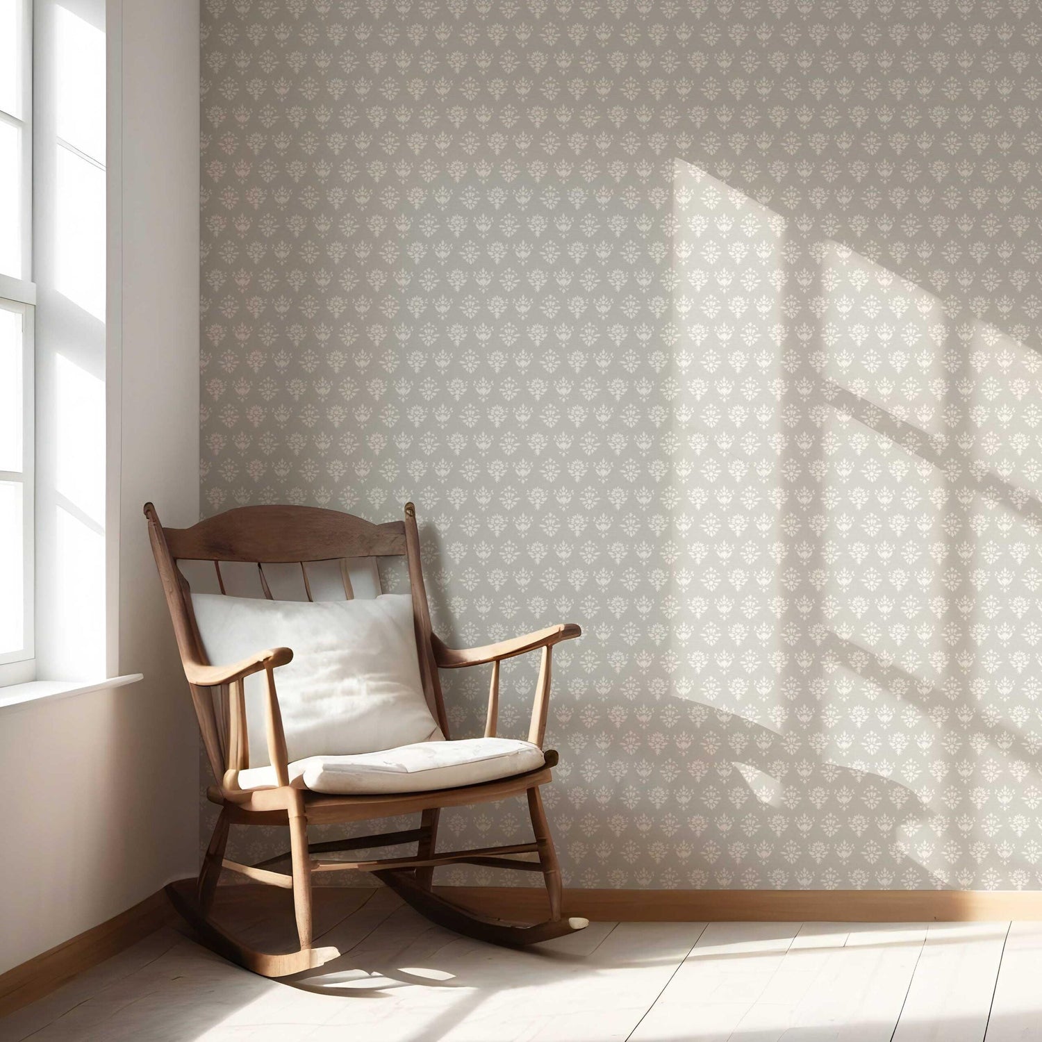Neutral Floral Block Print Nursery Wallpaper (Warm Gray/ Beige/ Taupe/ Off-White)