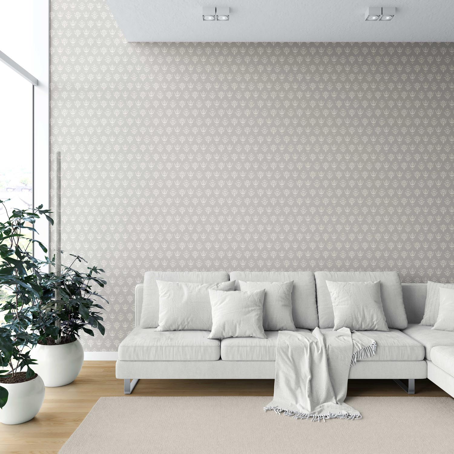 Neutral Floral Block Print Shower Toilet Wallpaper (Warm Gray/ Beige/ Taupe/ Off-White)