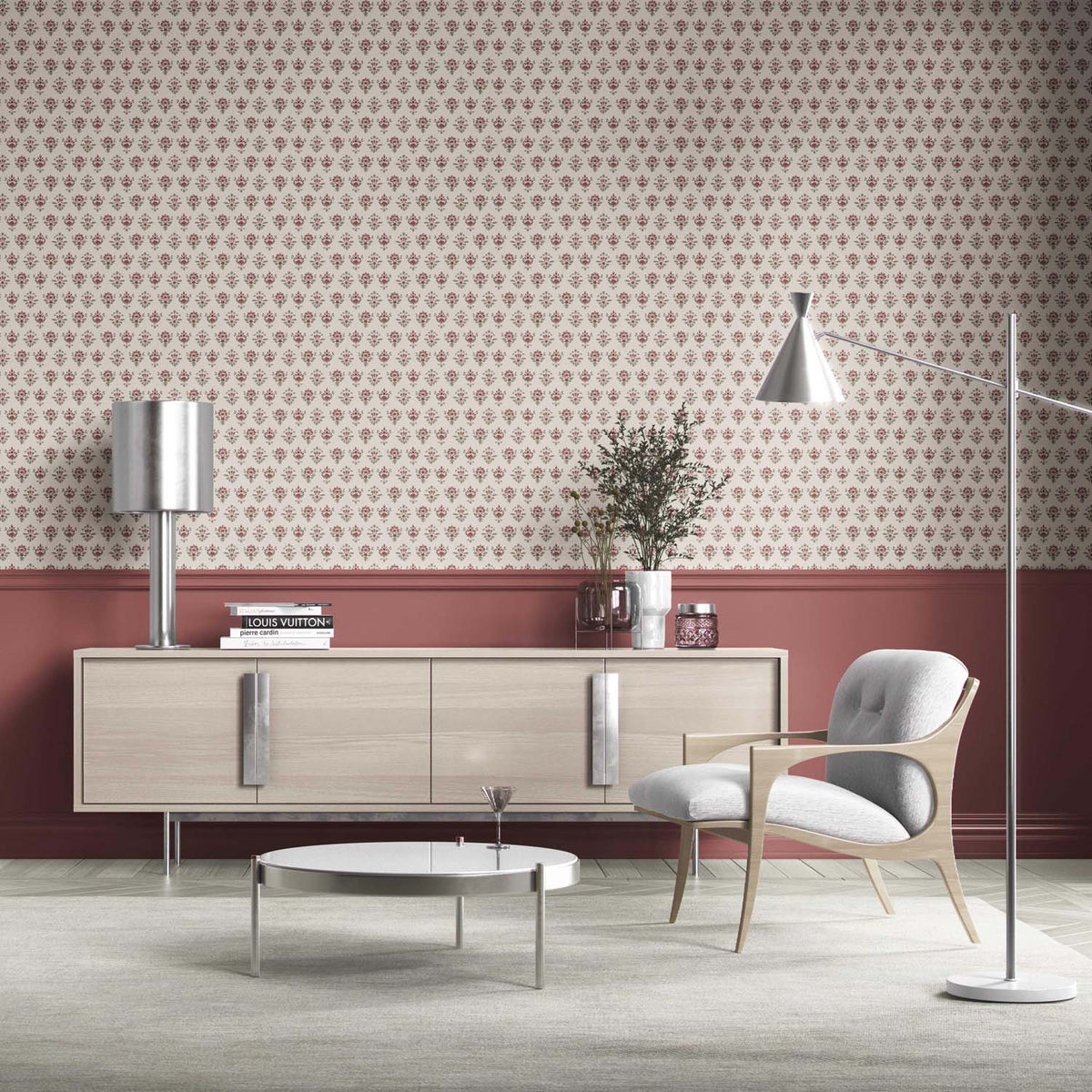Floral Block Print Bathroom Wallpaper (Red/ Green)