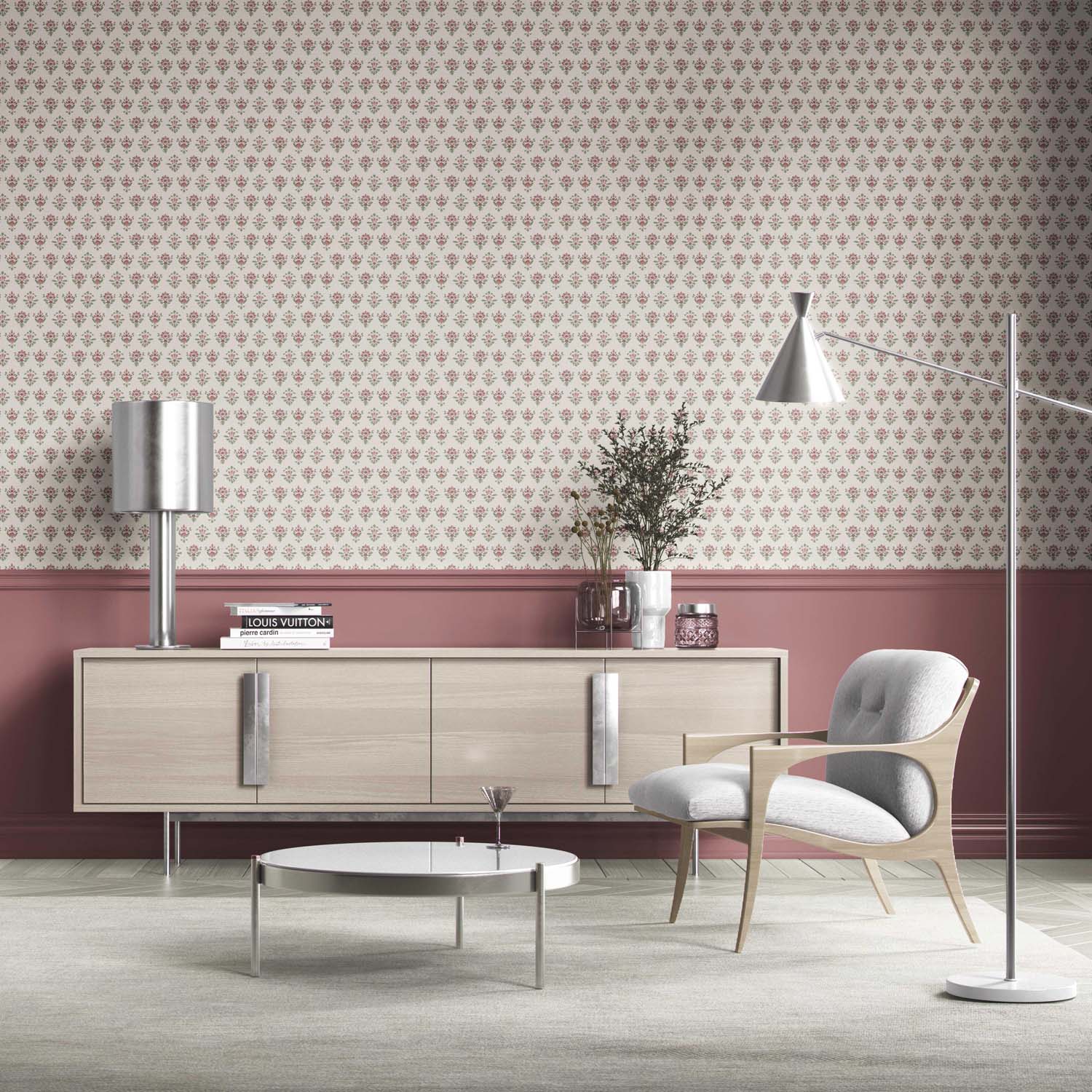 Floral Block Print Bathroom Wallpaper (Pink/ Red/ Green)