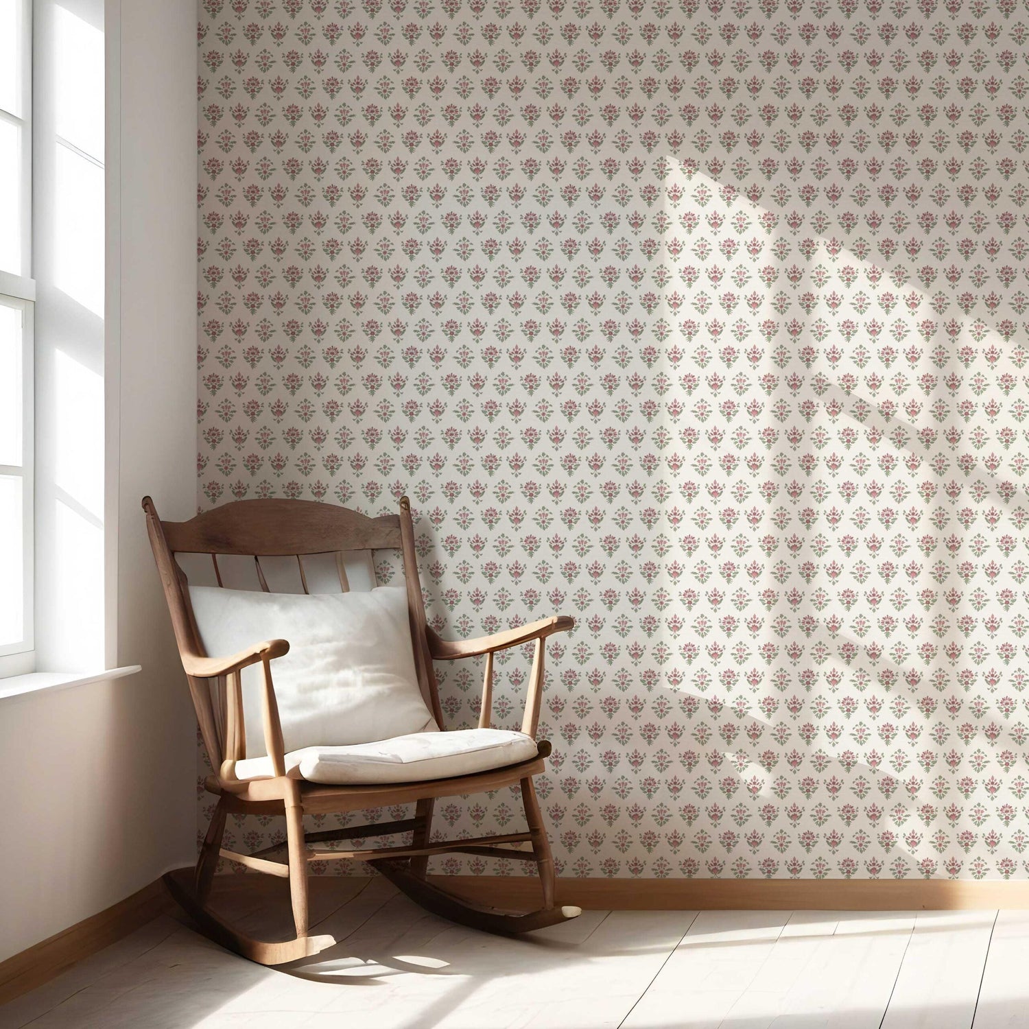 Floral Block Print Nursery Wallpaper (Pink/ Red/ Green)