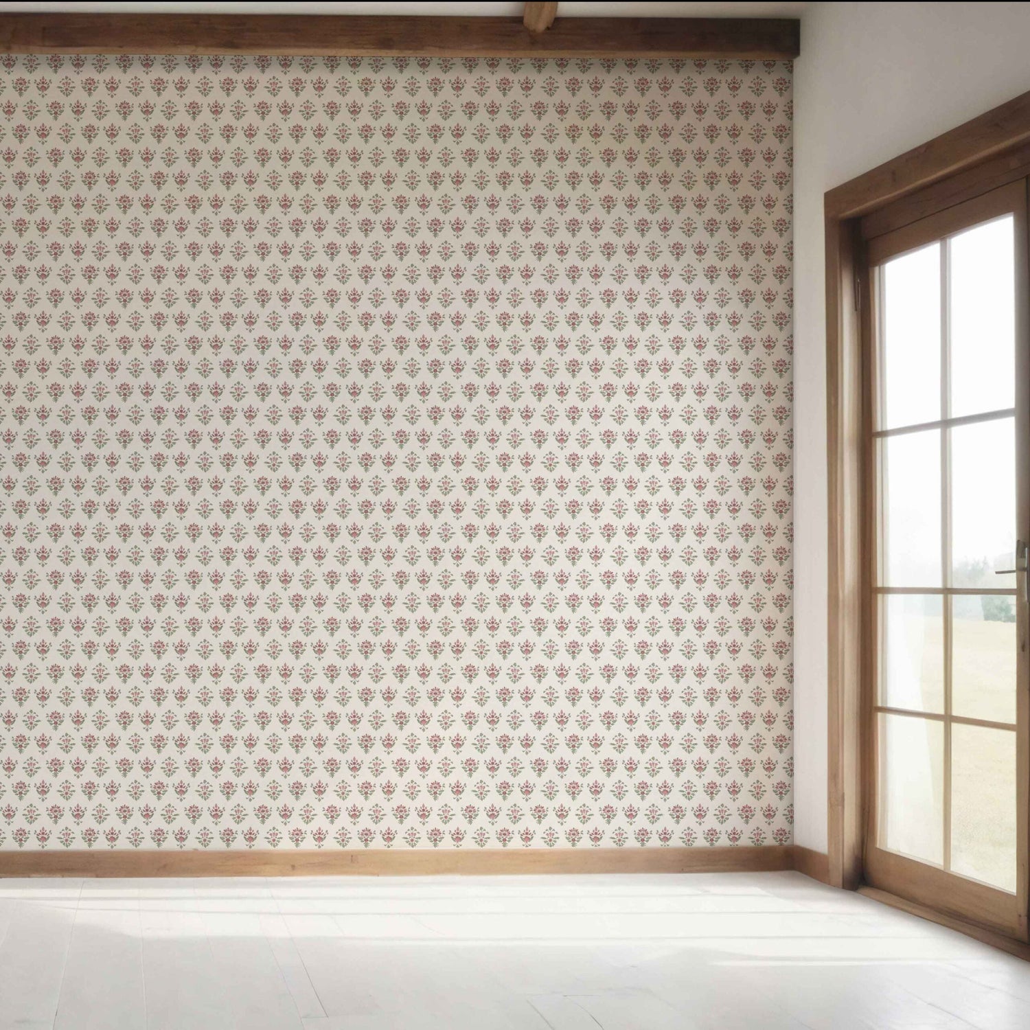 Floral Block Print Bedroom Wallpaper (Pink/ Red/ Green)