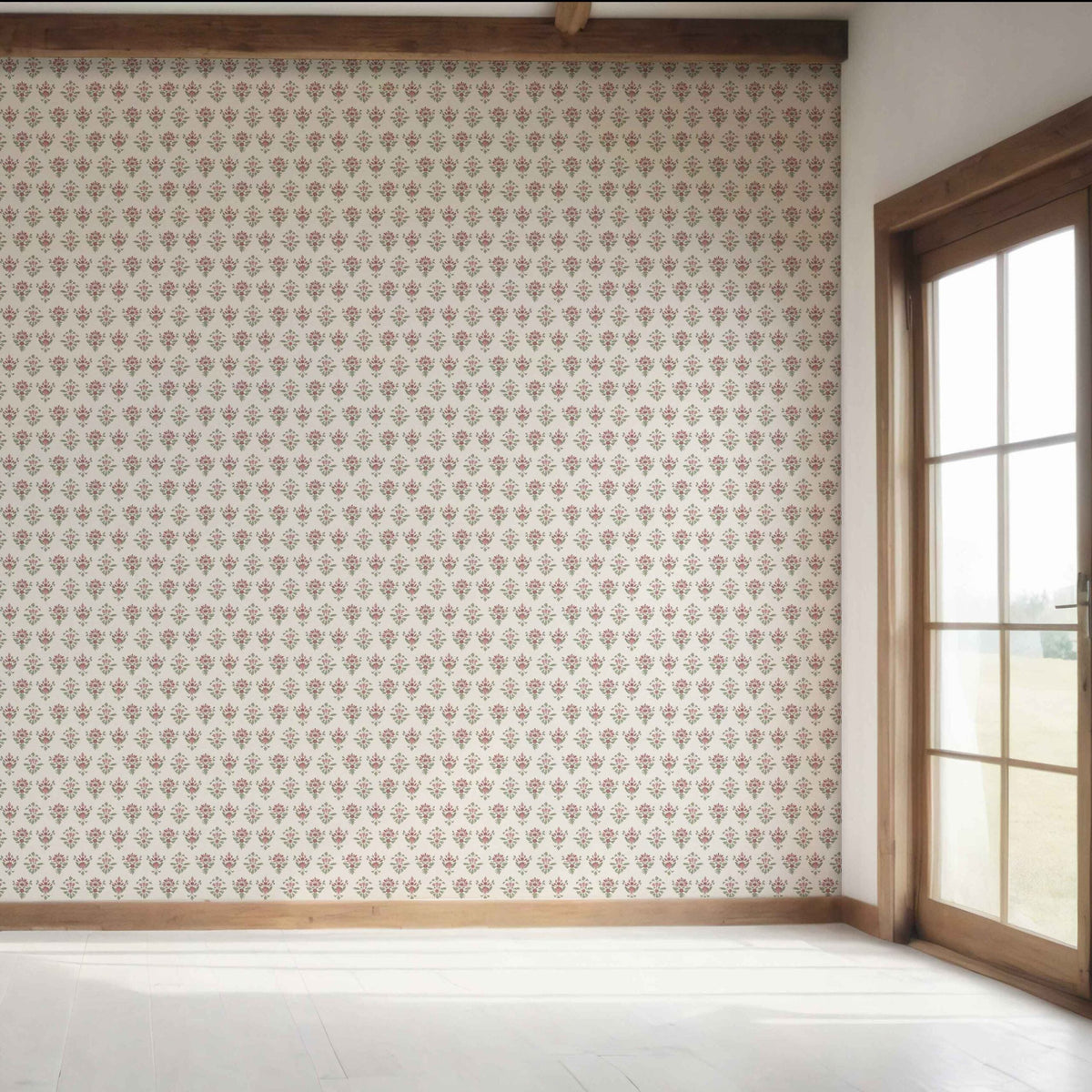 Floral Block Print Bedroom Wallpaper (Pink/ Red/ Green)