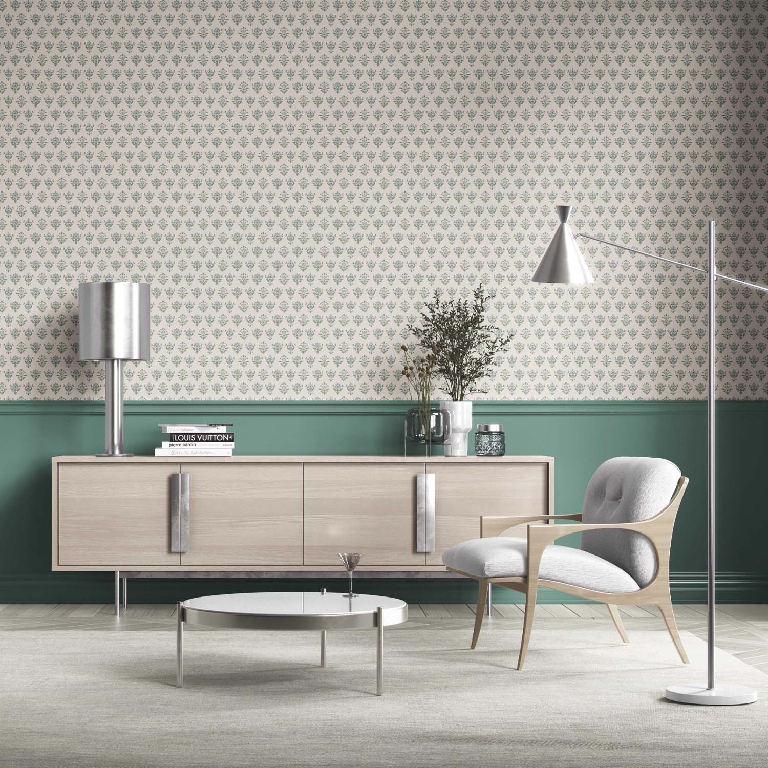 Floral Block Print Bathroom Wallpaper (Green/ Pale Blue)