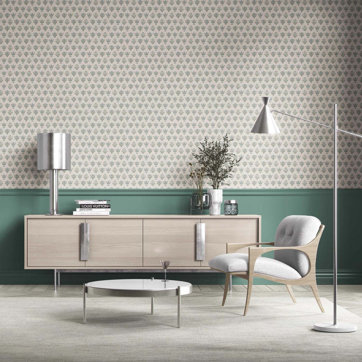 Floral Block Print Bathroom Wallpaper (Green/ Pale Blue)