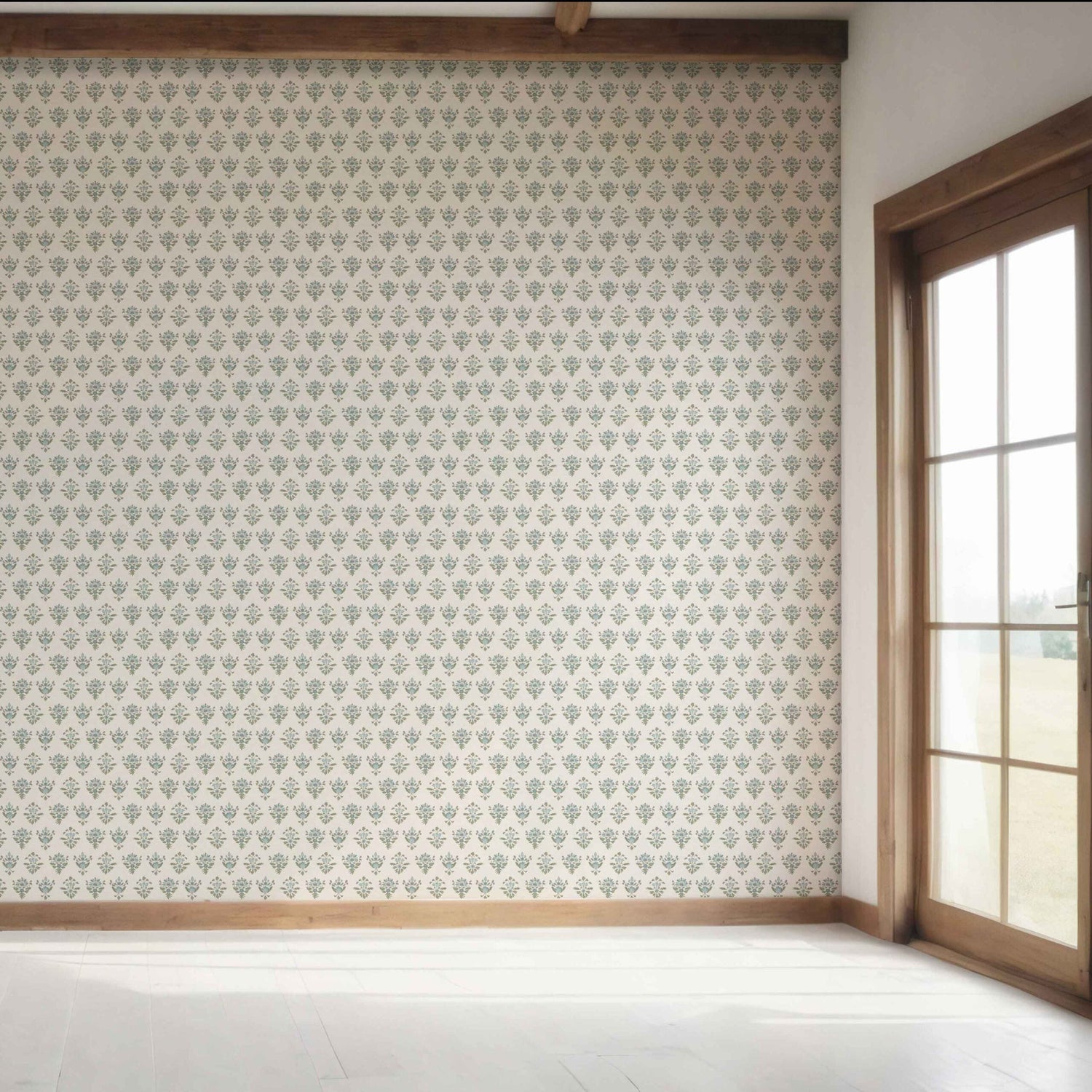 Floral Block Print Bedroom Wallpaper (Green/ Pale Blue)