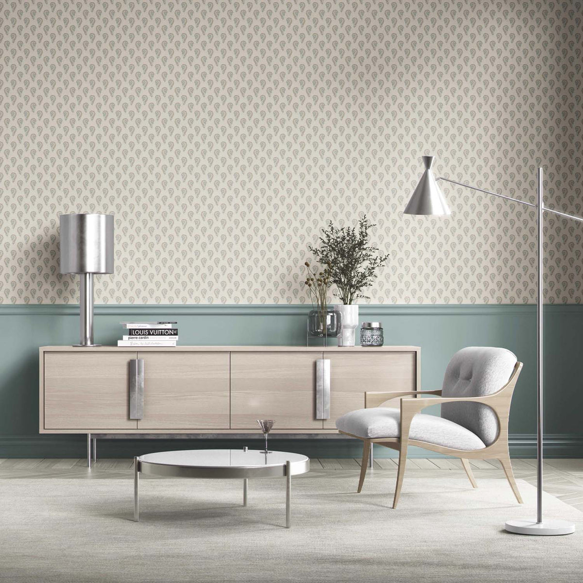 Floral Paisley Bathroom Wallpaper (Seafoam Blue/ Beige)