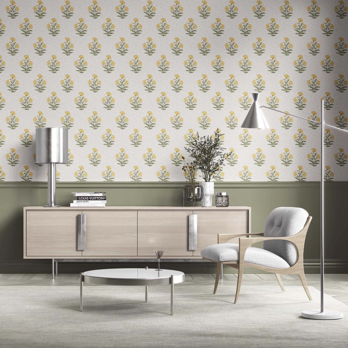 Floral Block Print Kitchen Wallpaper (Yellow/ Green)