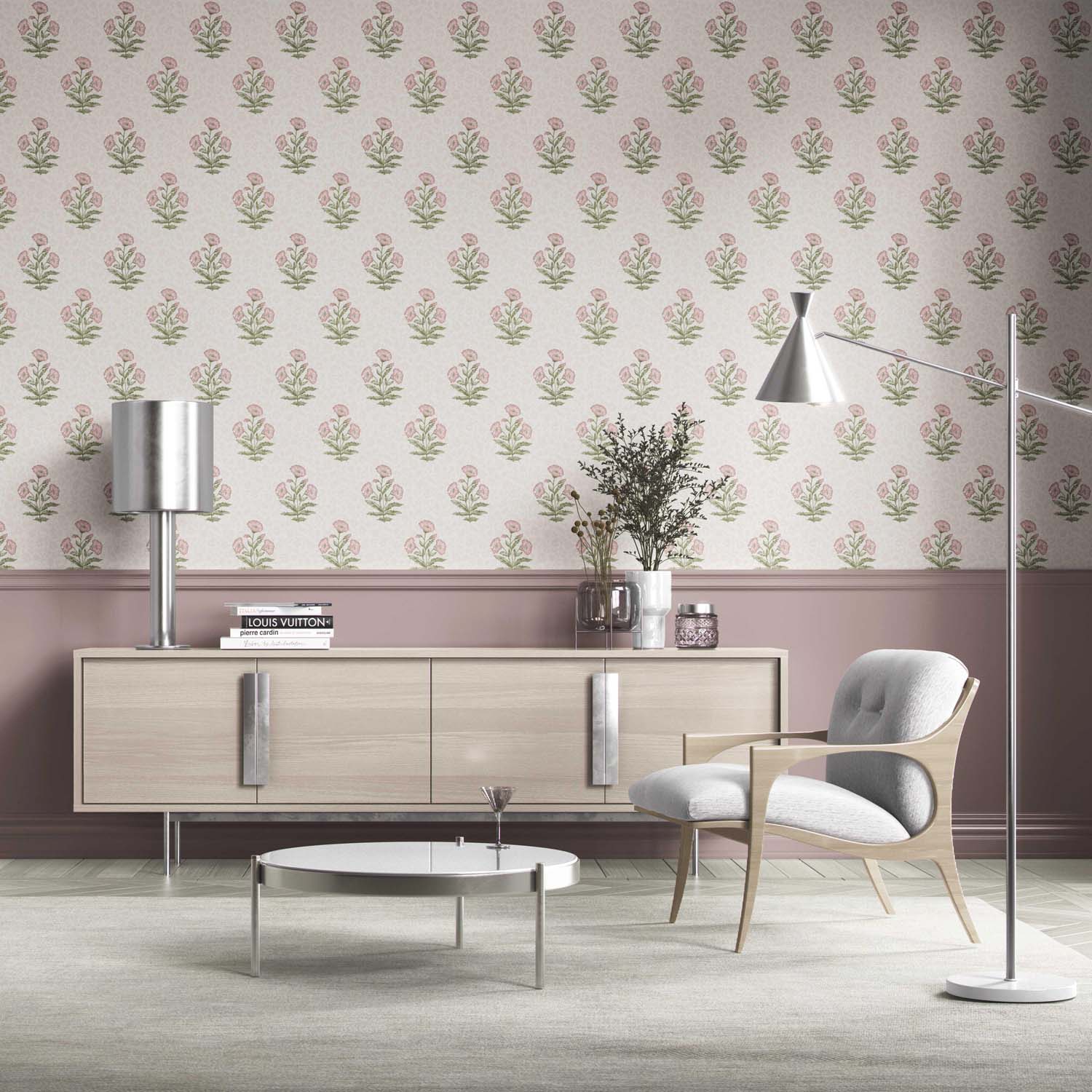 Floral Block Print Kitchen Wallpaper (Pale Pink/ Green)