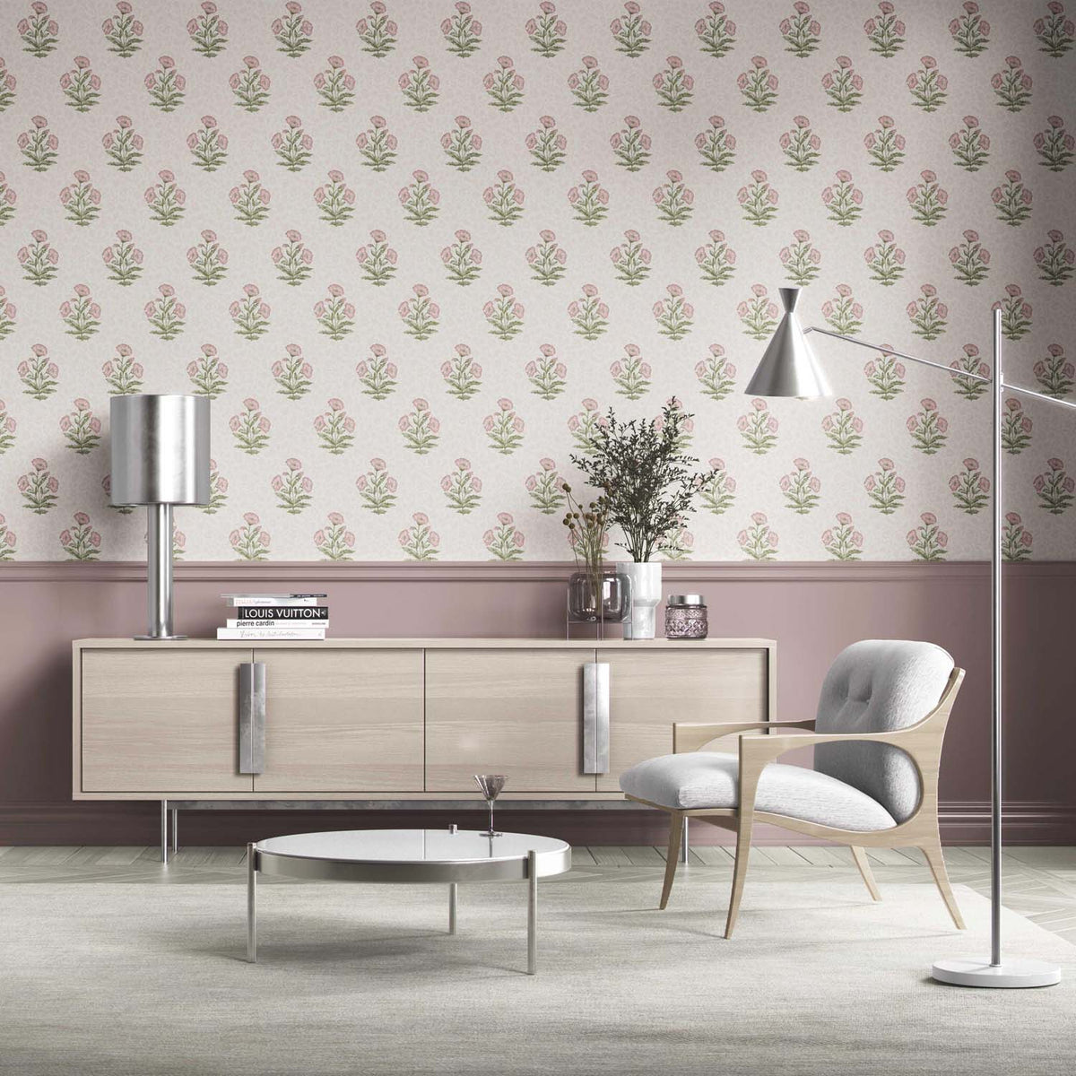 Floral Block Print Kitchen Wallpaper (Pale Pink/ Green)