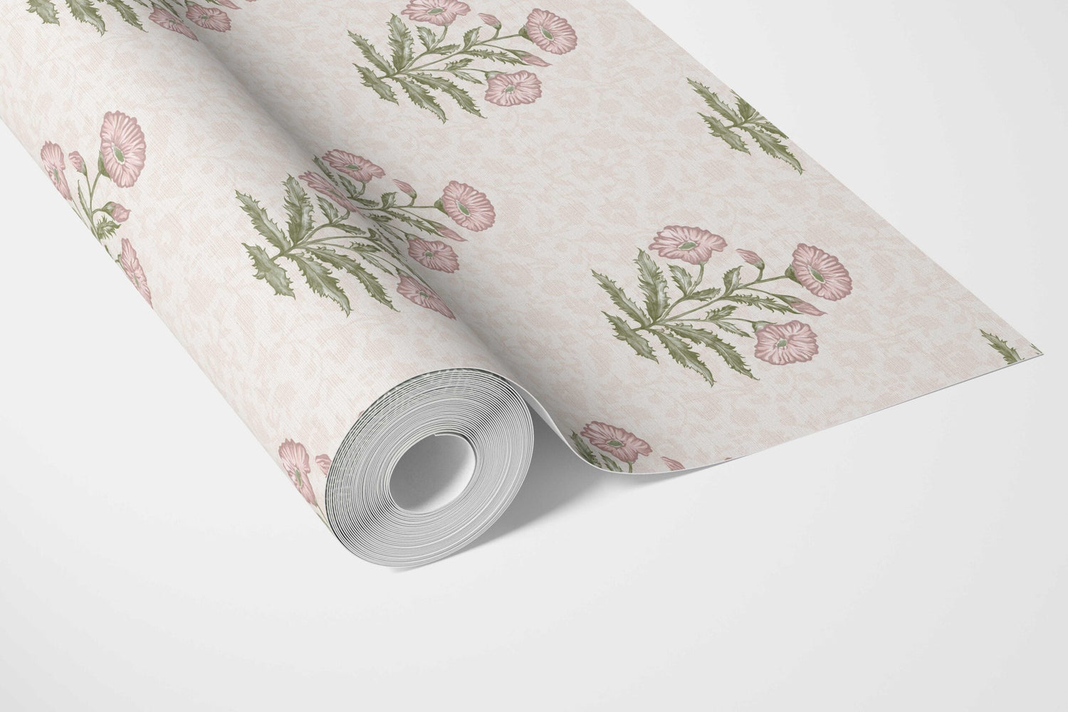 Floral Block Print Bathroom Wallpaper (Pale Pink/ Green)