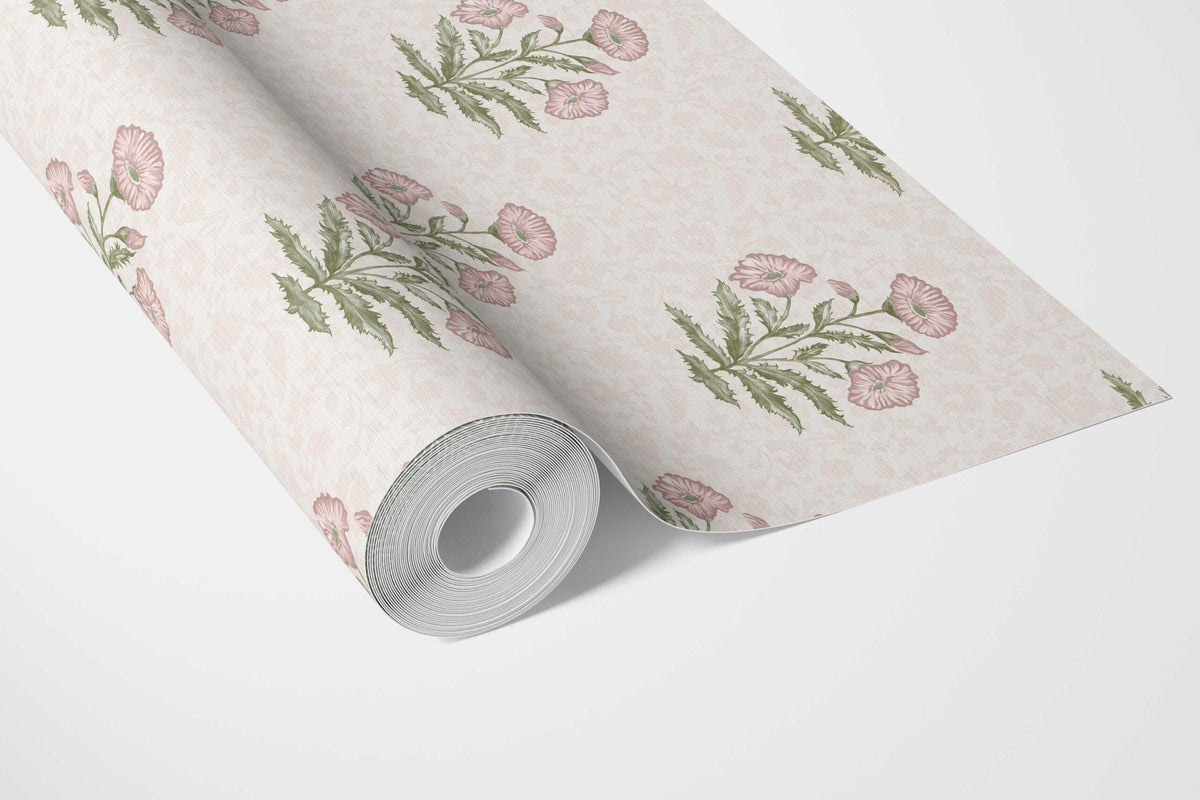 Floral Block Print Bathroom Wallpaper (Pale Pink/ Green)
