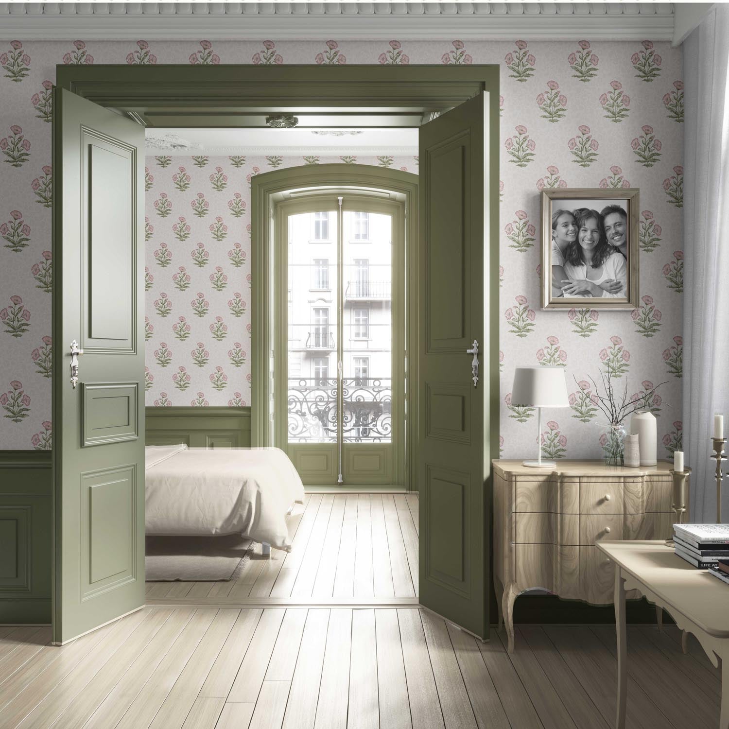 Floral Block Print Living Room Wallpaper (Pale Pink/ Green)