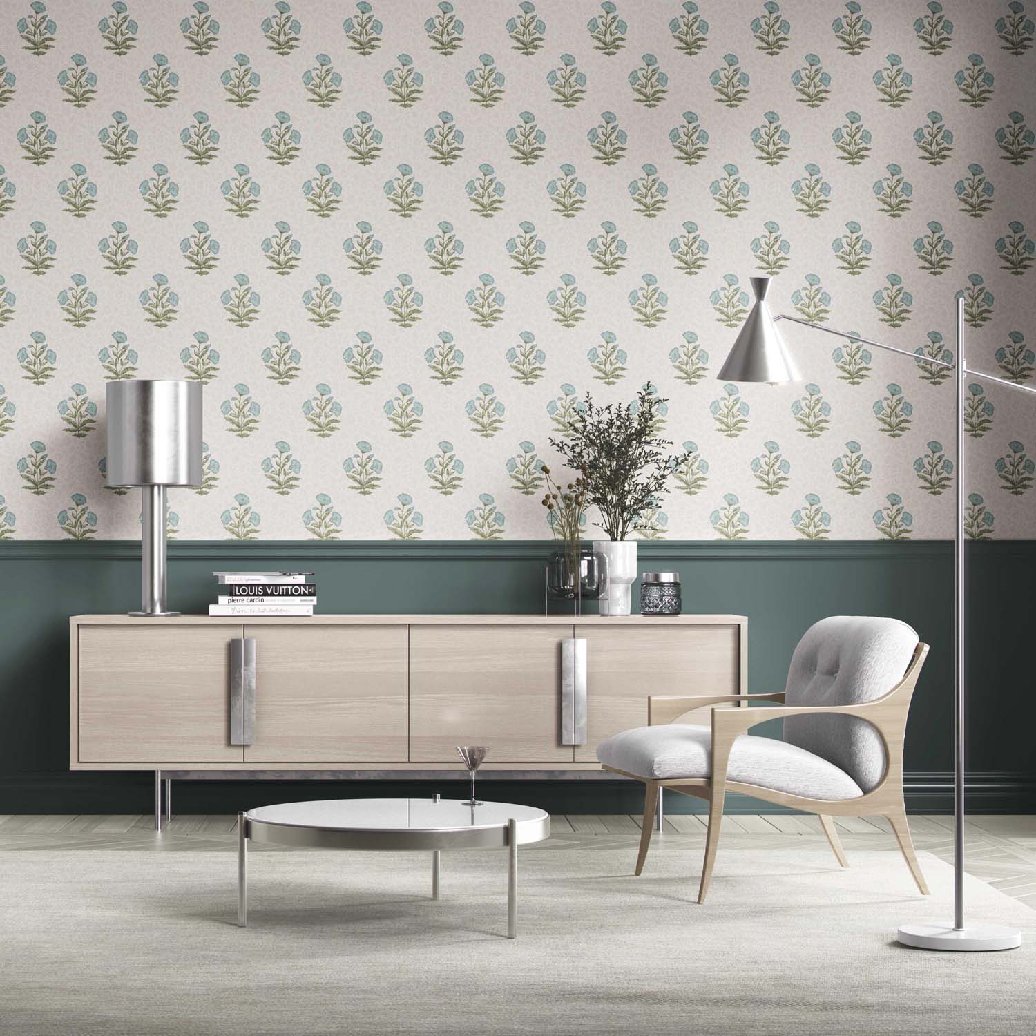 Floral Block Print Kitchen Wallpaper (Duck Egg Blue/ Green)