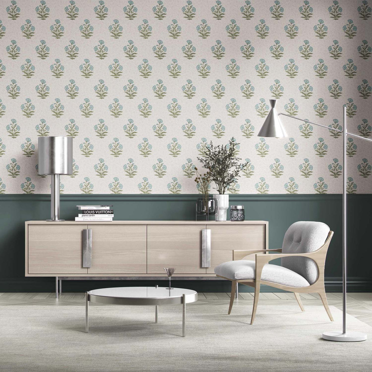Floral Block Print Kitchen Wallpaper (Duck Egg Blue/ Green)