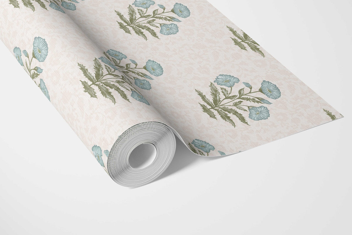 Floral Block Print Bathroom Wallpaper (Duck Egg Blue/ Green)