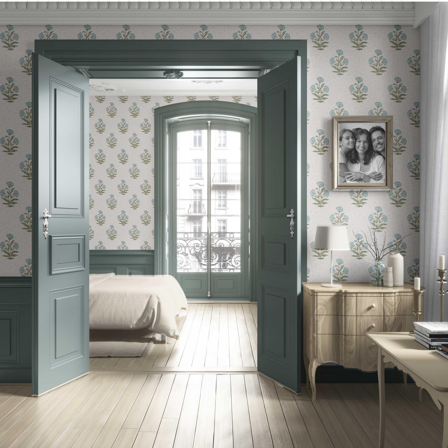 Floral Block Print Living Room Wallpaper (Duck Egg Blue/ Green)