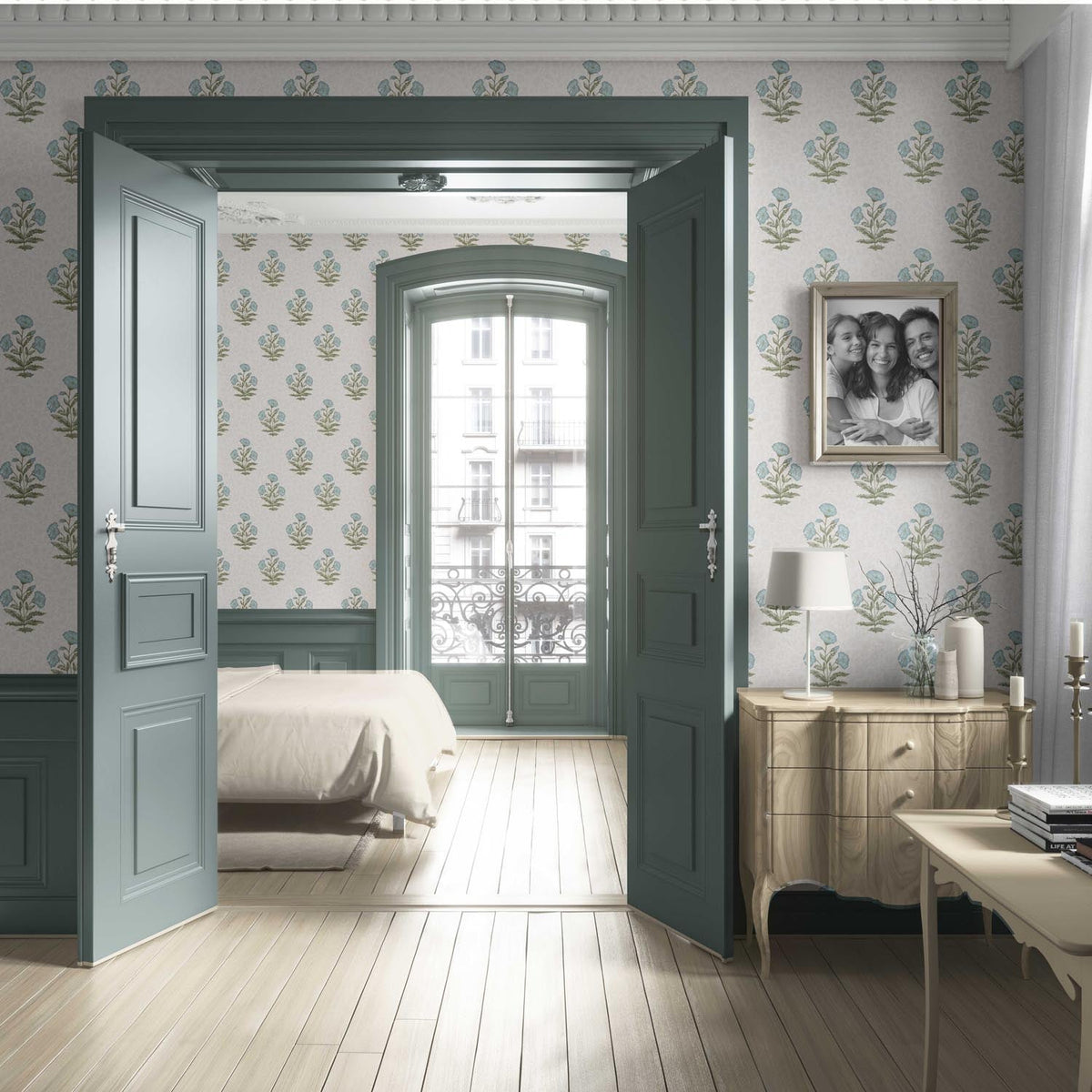 Floral Block Print Living Room Wallpaper (Duck Egg Blue/ Green)
