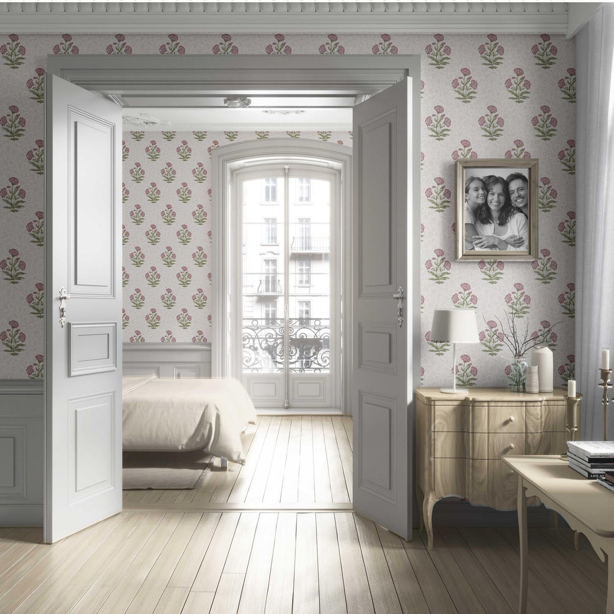 Floral Block Print Living Room Wallpaper (Candy Pink/ Green)