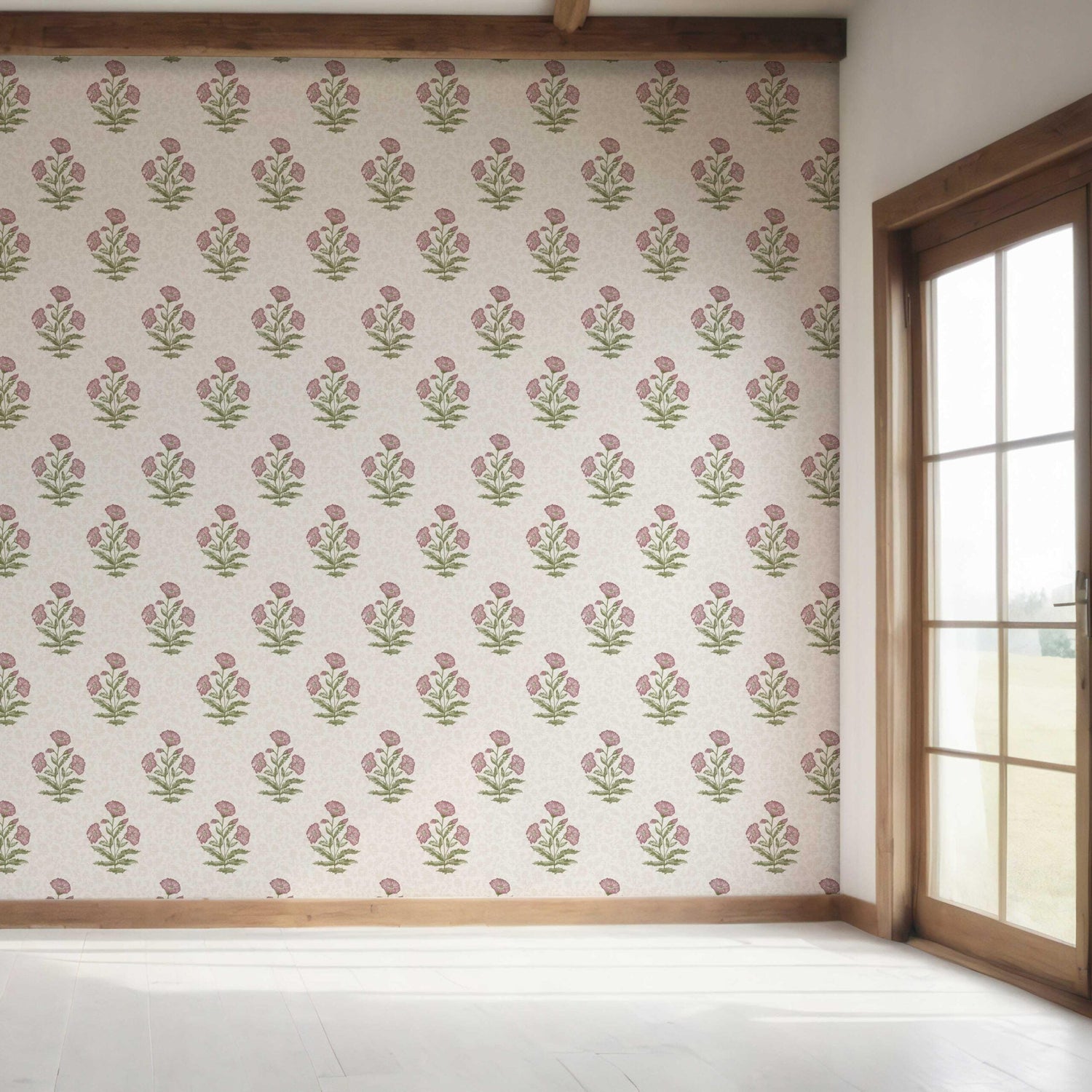 Floral Block Print Bedroom Wallpaper (Candy Pink/ Green)