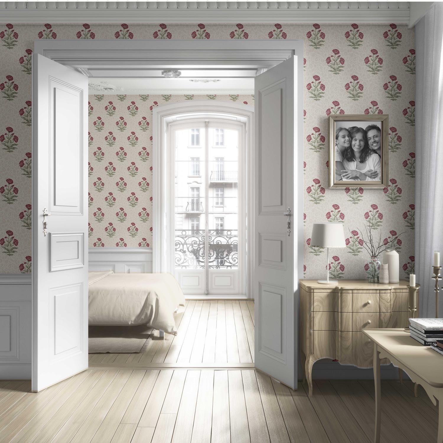 Floral Block Print Living Room Wallpaper (Berry Red/ Maroon/ Green)
